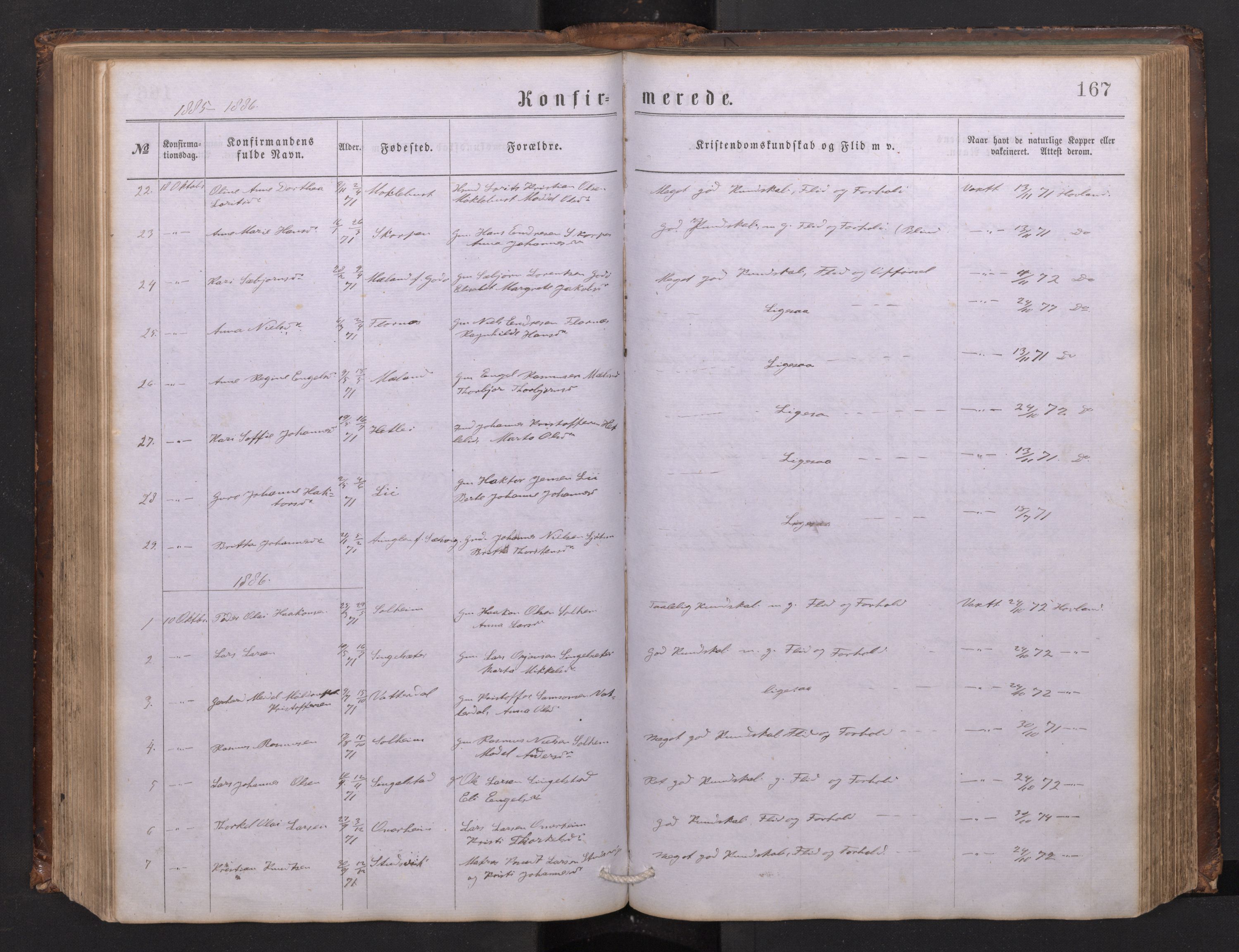 Tysnes sokneprestembete, SAB/A-78601/H/Hab: Parish register (copy) no. C 1, 1873-1895, p. 166b-167a