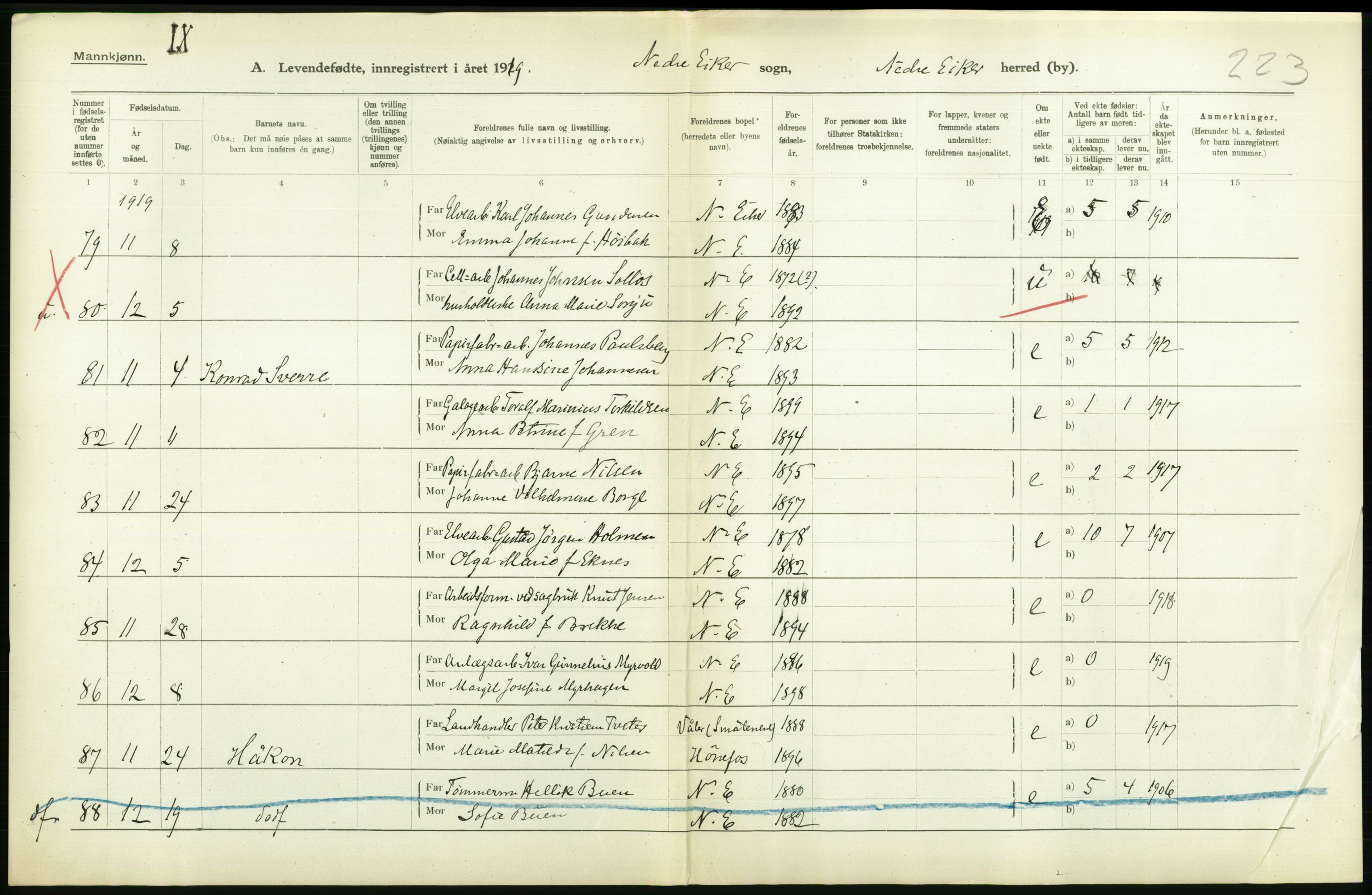 Statistisk sentralbyrå, Sosiodemografiske emner, Befolkning, RA/S-2228/D/Df/Dfb/Dfbi/L0016: Buskerud fylke: Levendefødte menn og kvinner. Bygder., 1919, p. 368