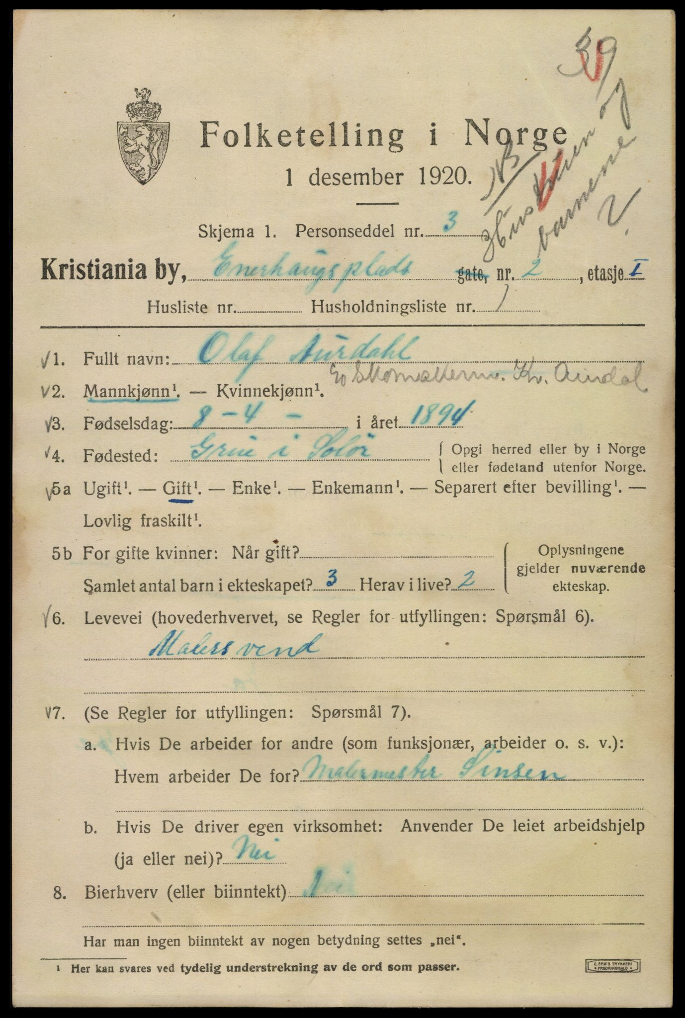 SAO, 1920 census for Kristiania, 1920, p. 218069