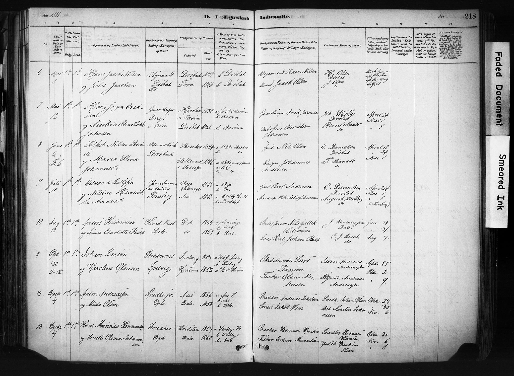 Drøbak prestekontor Kirkebøker, AV/SAO-A-10142a/F/Fb/L0001: Parish register (official) no. II 1, 1878-1891, p. 218