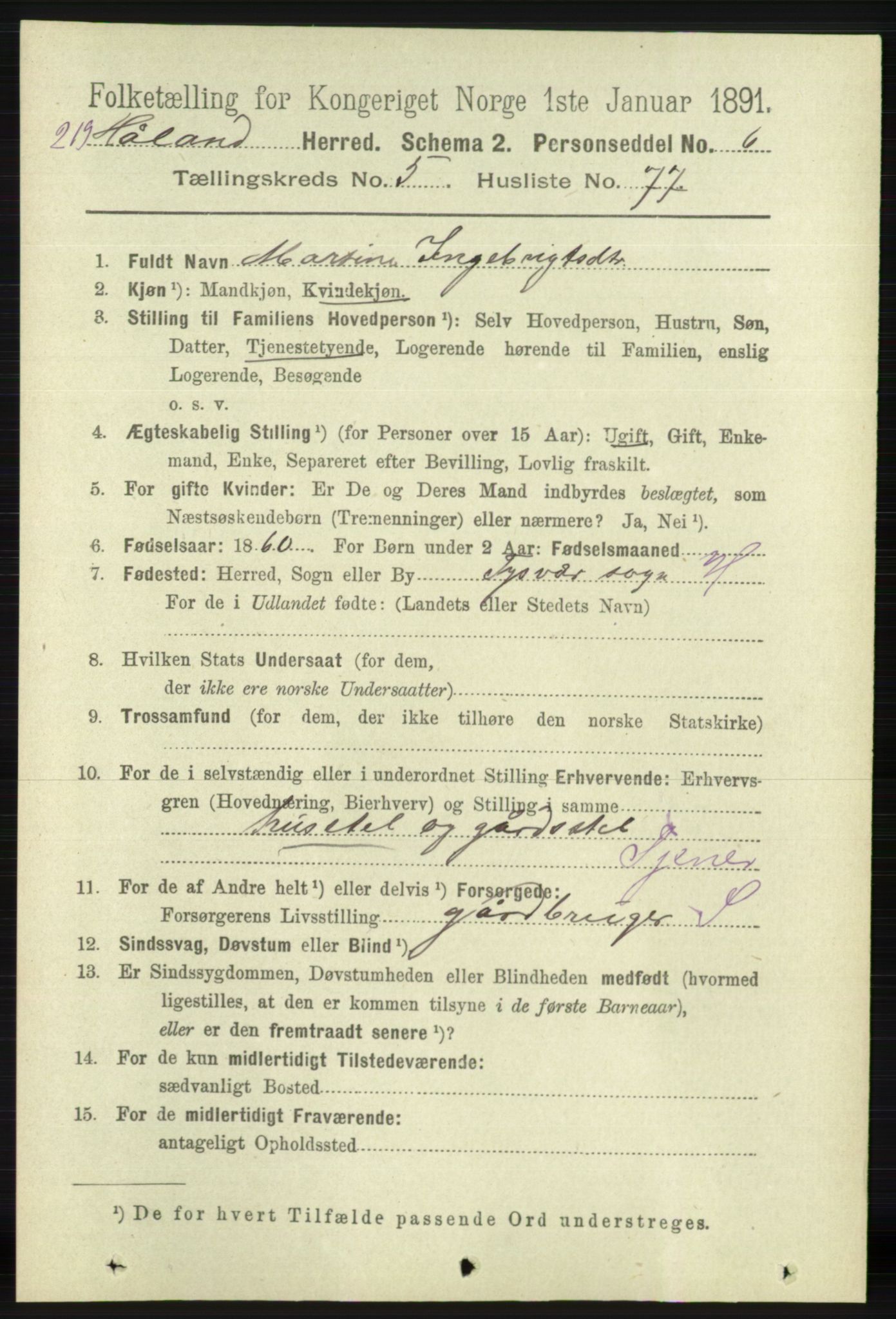 RA, 1891 census for 1124 Haaland, 1891, p. 3785