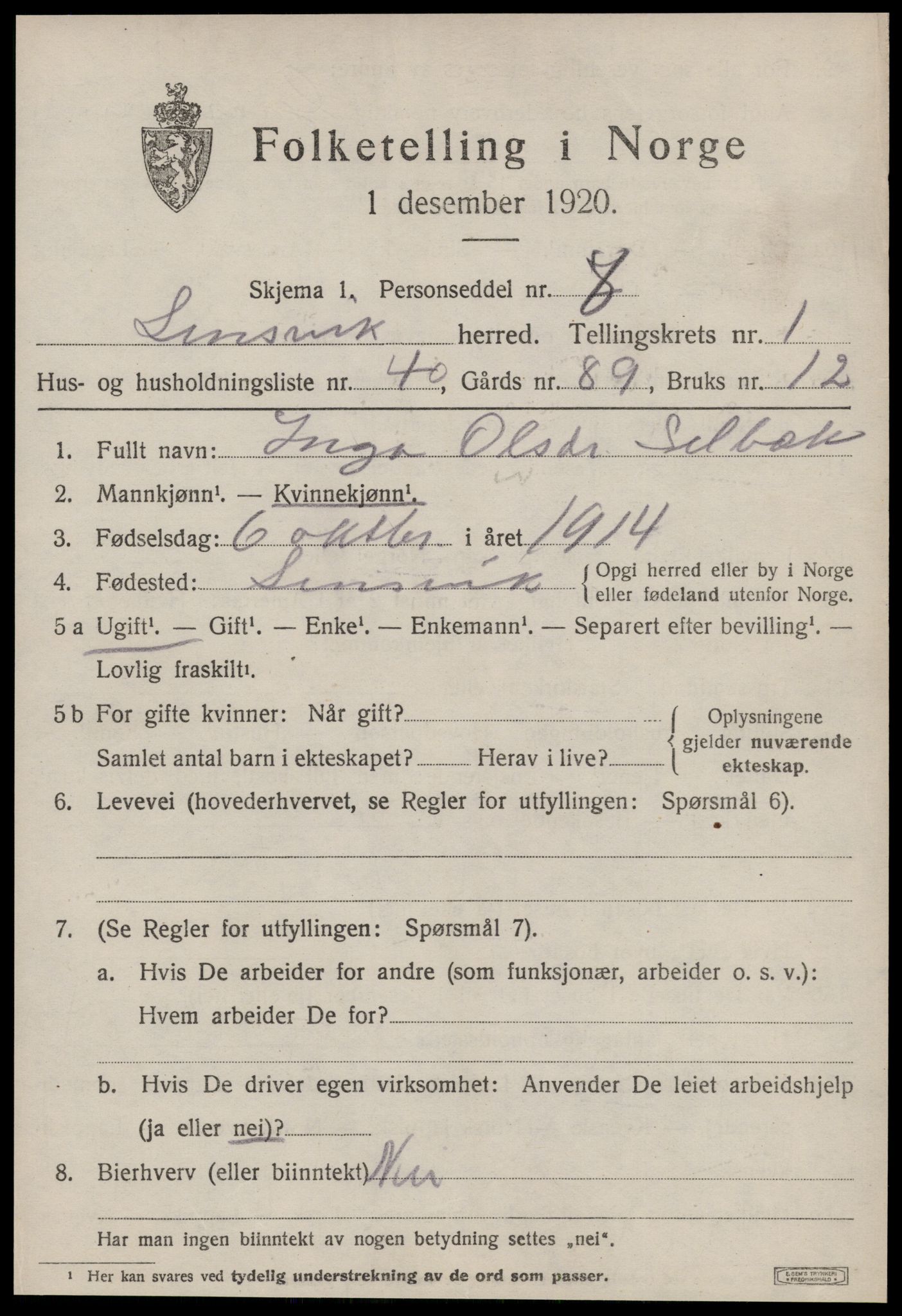 SAT, 1920 census for Lensvik, 1920, p. 926