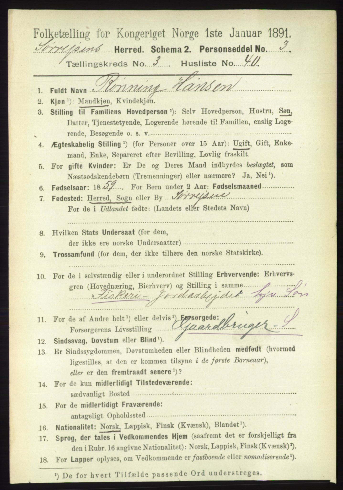 RA, 1891 census for 1925 Sørreisa, 1891, p. 1007