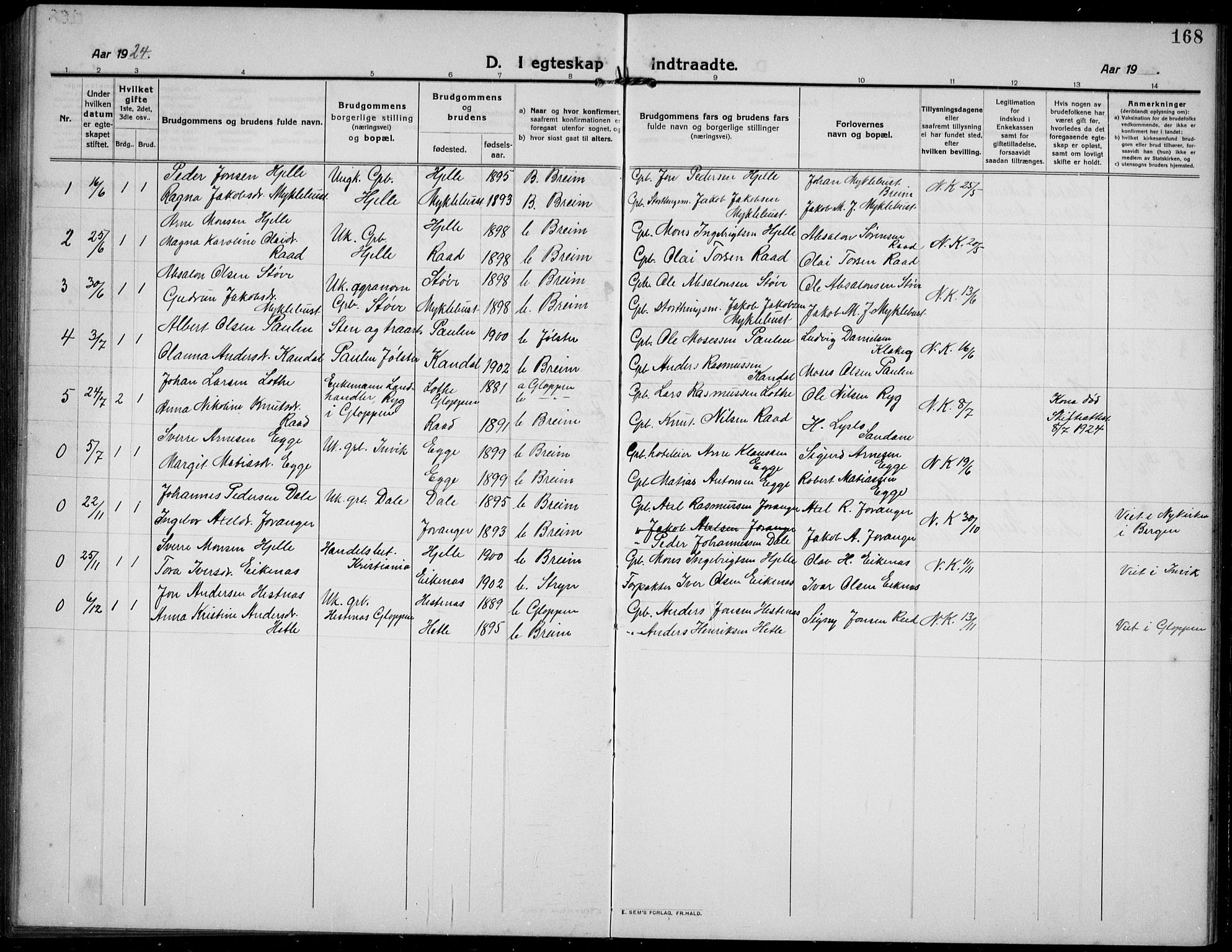 Gloppen sokneprestembete, AV/SAB-A-80101/H/Hab/Habc/L0003: Parish register (copy) no. C 3, 1911-1938, p. 168