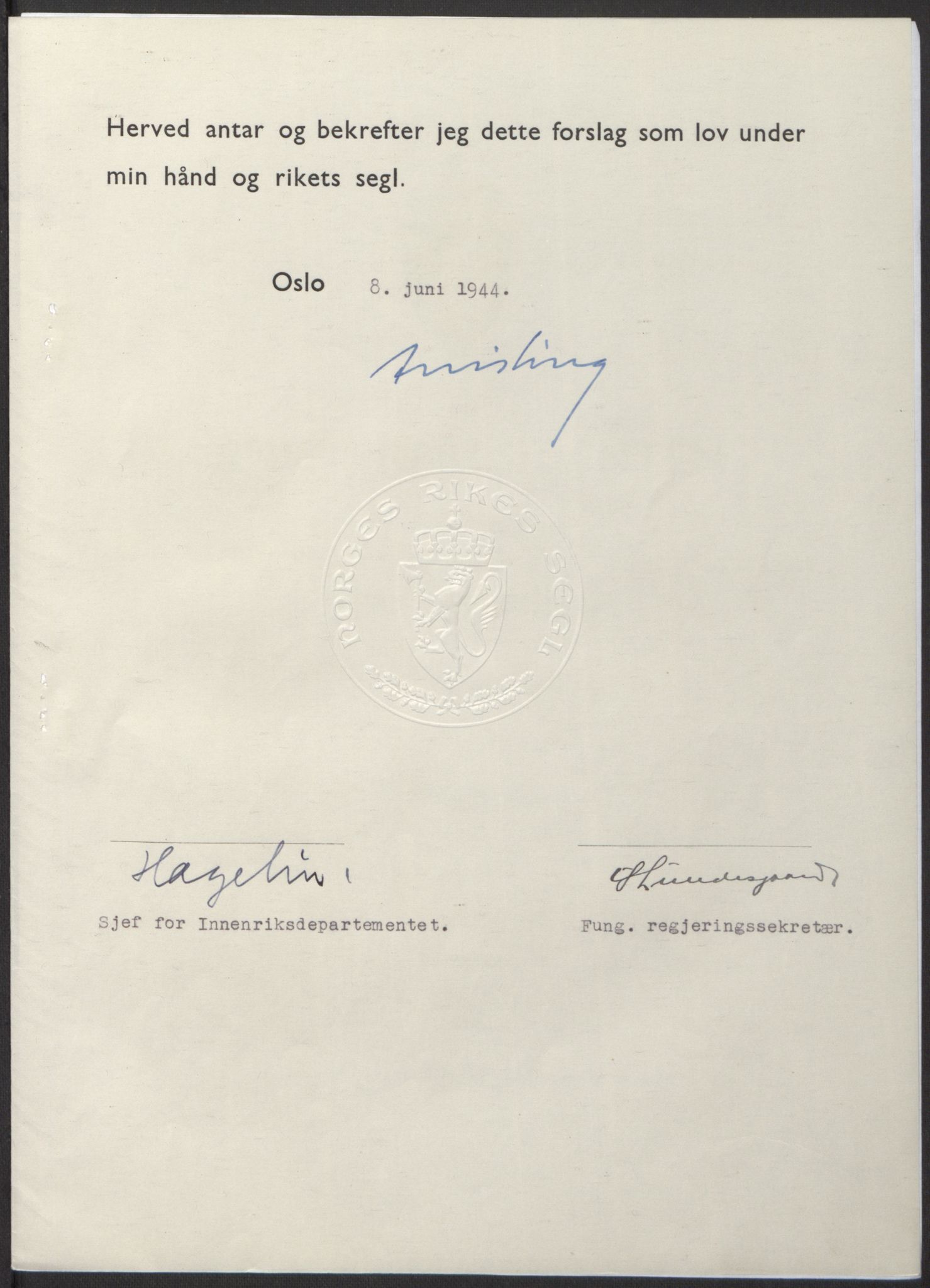 NS-administrasjonen 1940-1945 (Statsrådsekretariatet, de kommisariske statsråder mm), RA/S-4279/D/Db/L0100: Lover, 1944, p. 263