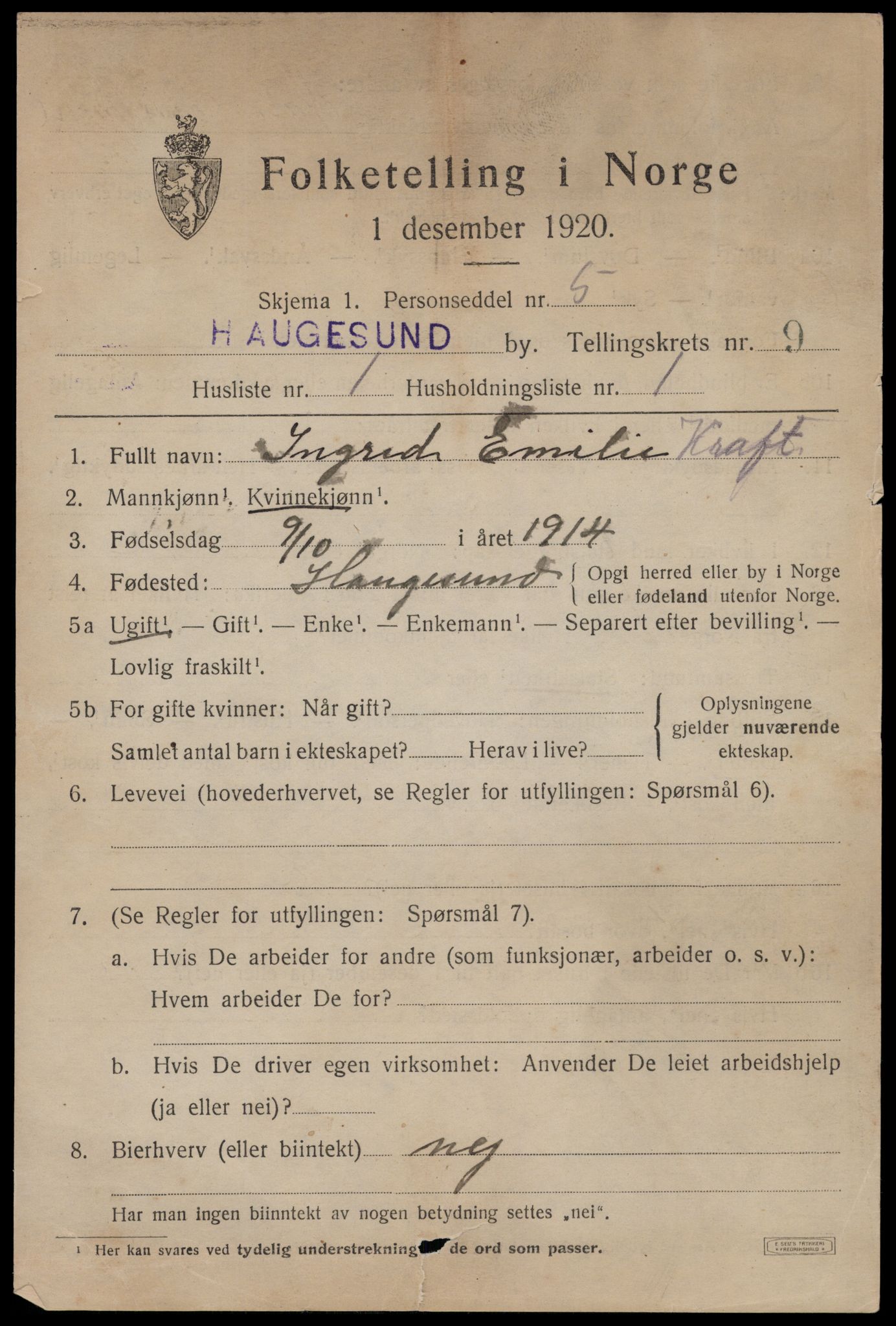 SAST, 1920 census for Haugesund, 1920, p. 32183