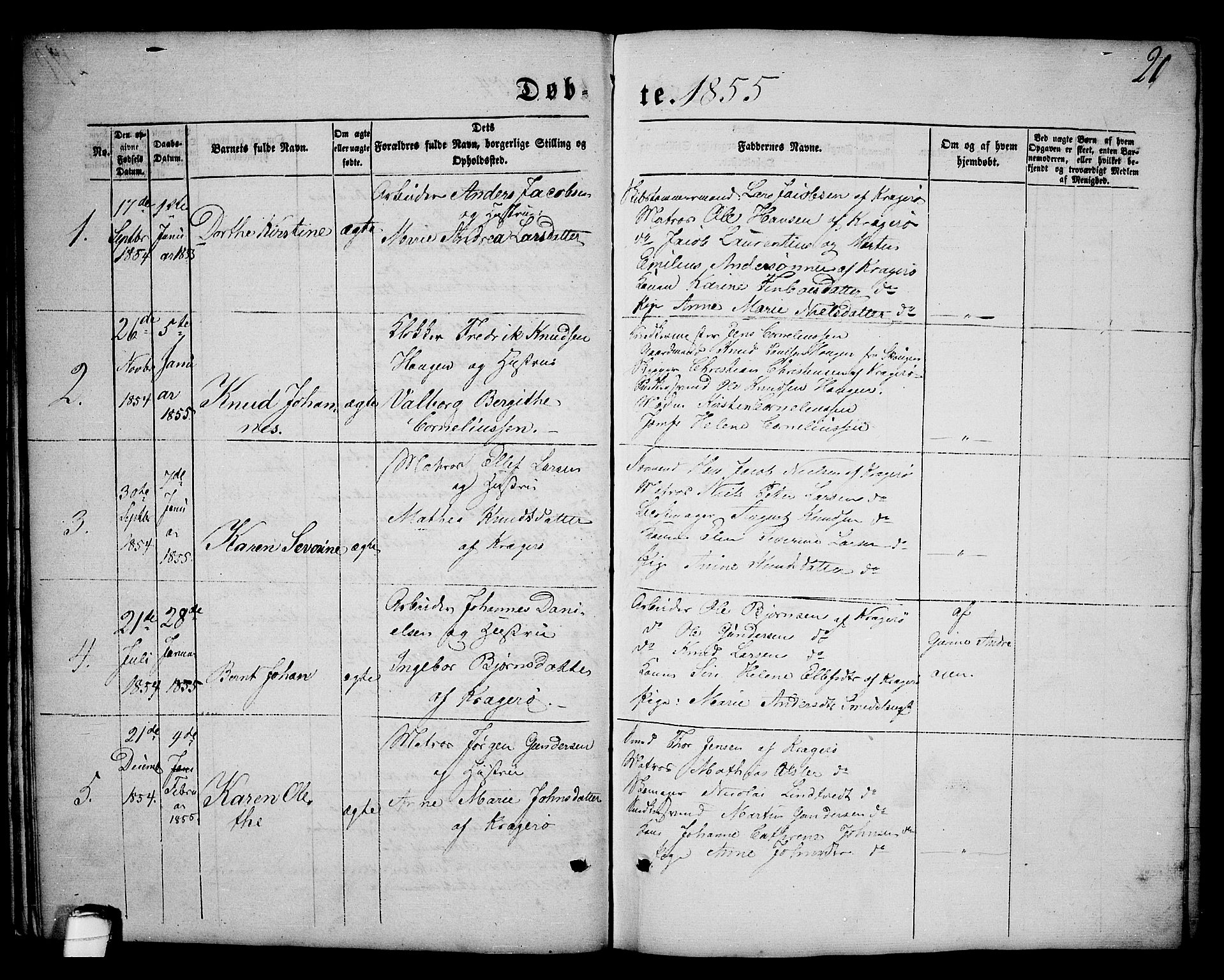 Kragerø kirkebøker, AV/SAKO-A-278/G/Ga/L0004: Parish register (copy) no. 4, 1853-1865, p. 21