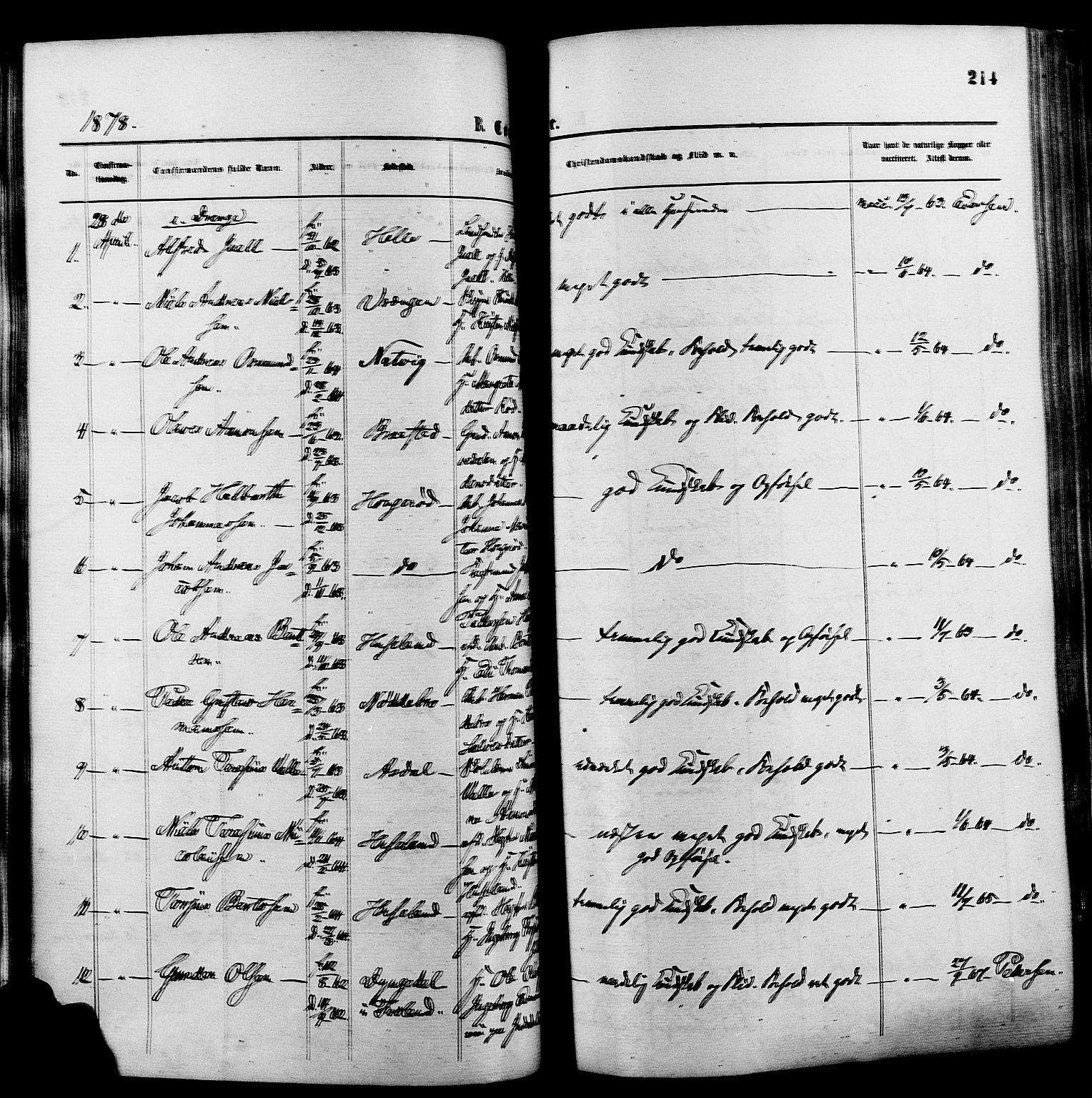 Øyestad sokneprestkontor, SAK/1111-0049/F/Fa/L0016: Parish register (official) no. A 16, 1874-1886, p. 214