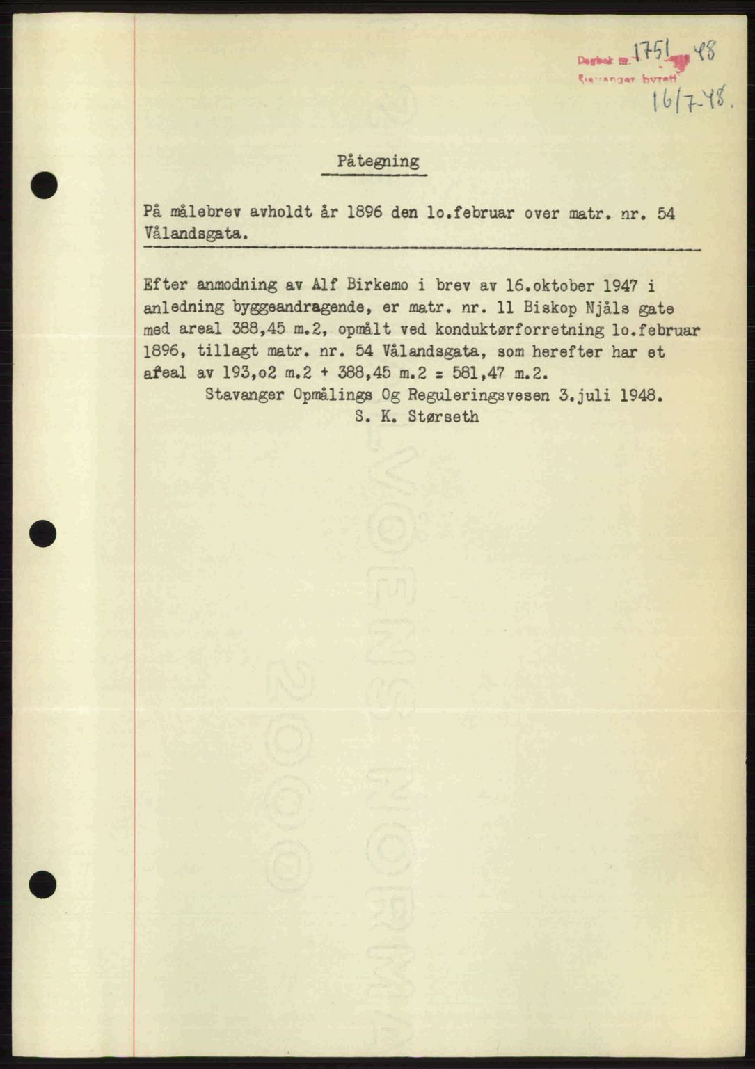 Stavanger byrett, SAST/A-100455/002/G/Gb/L0022: Mortgage book no. A11, 1947-1948, Diary no: : 1751/1948