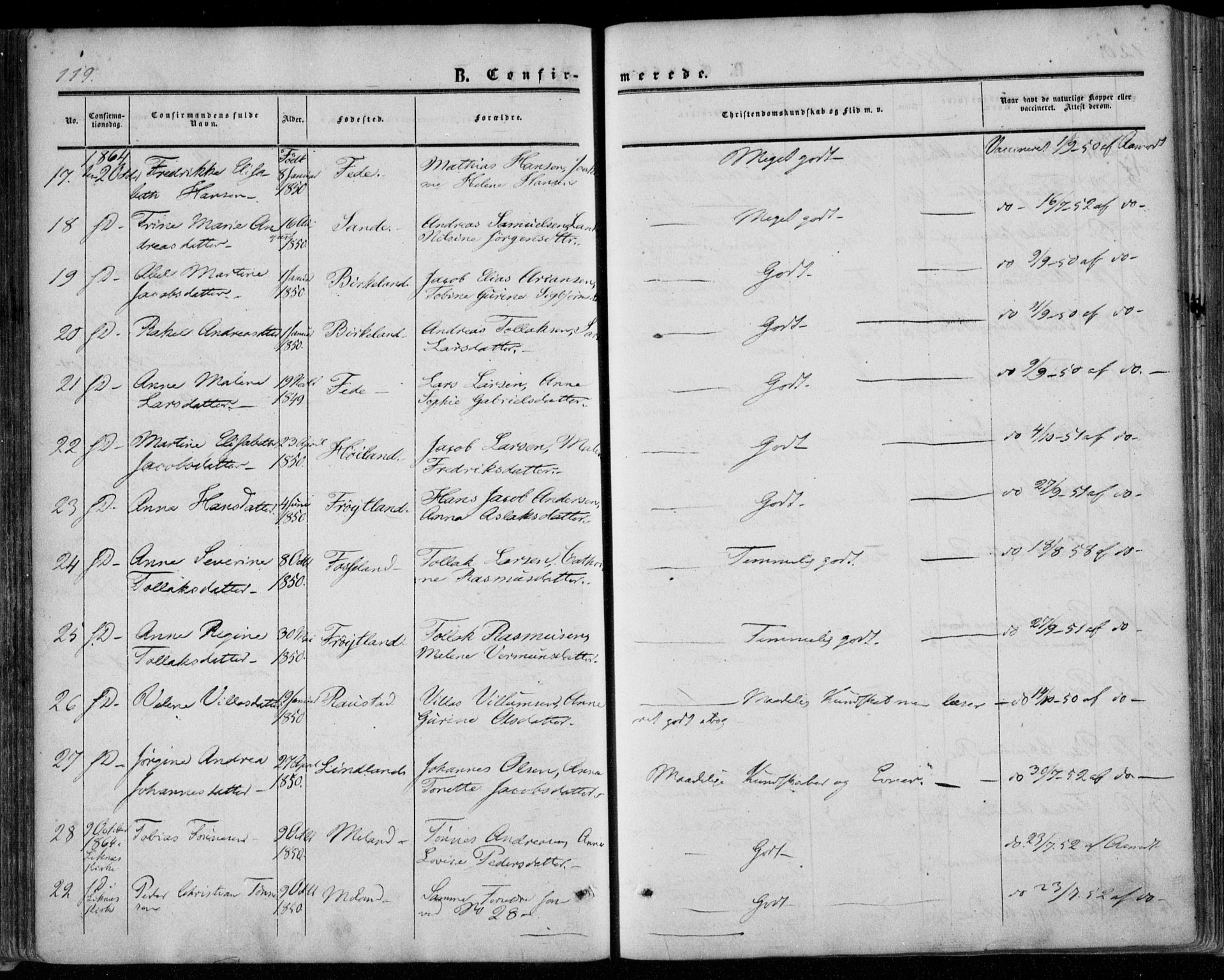 Kvinesdal sokneprestkontor, AV/SAK-1111-0026/F/Fa/Faa/L0002: Parish register (official) no. A 2, 1850-1876, p. 119