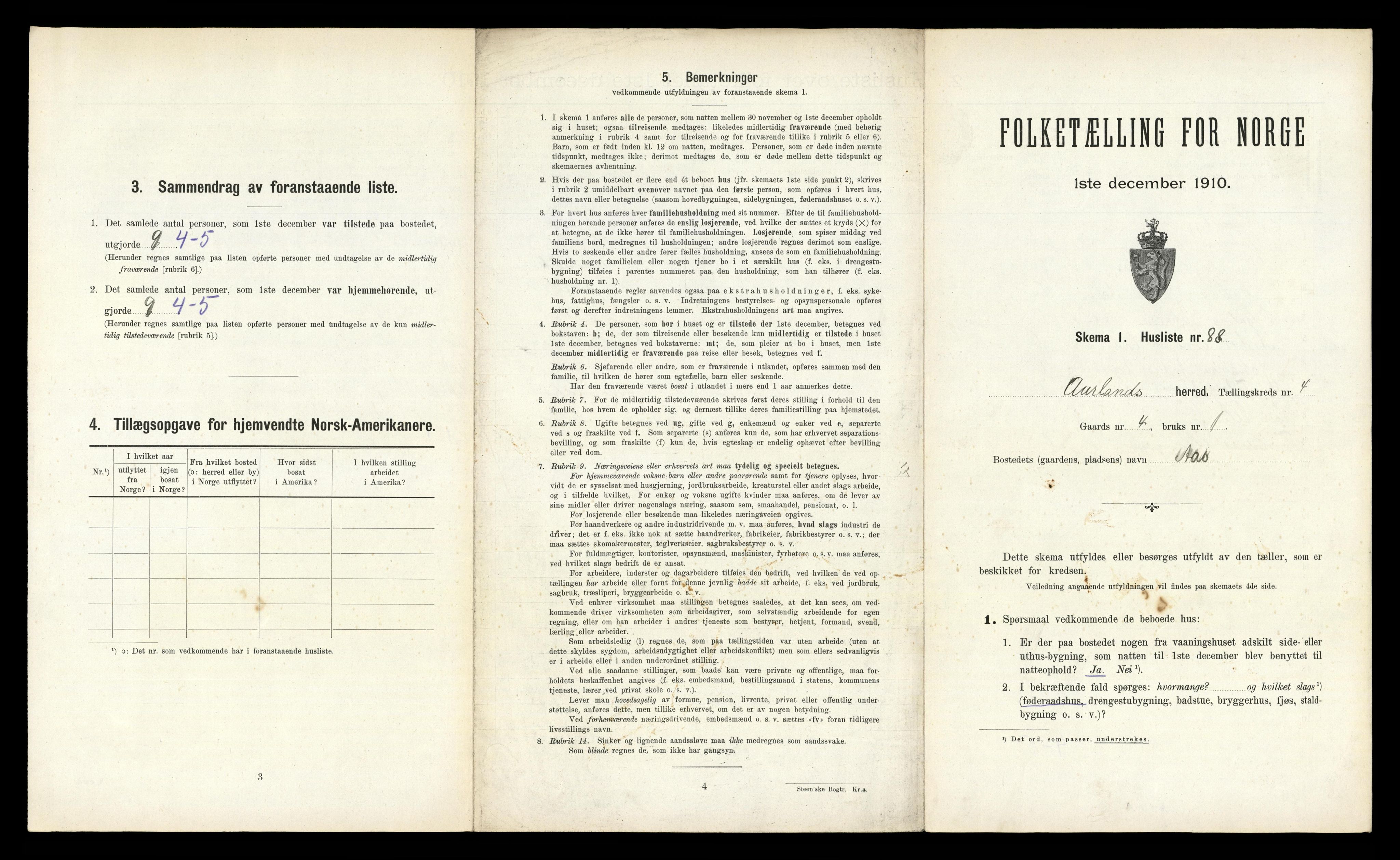 RA, 1910 census for Aurland, 1910, p. 435