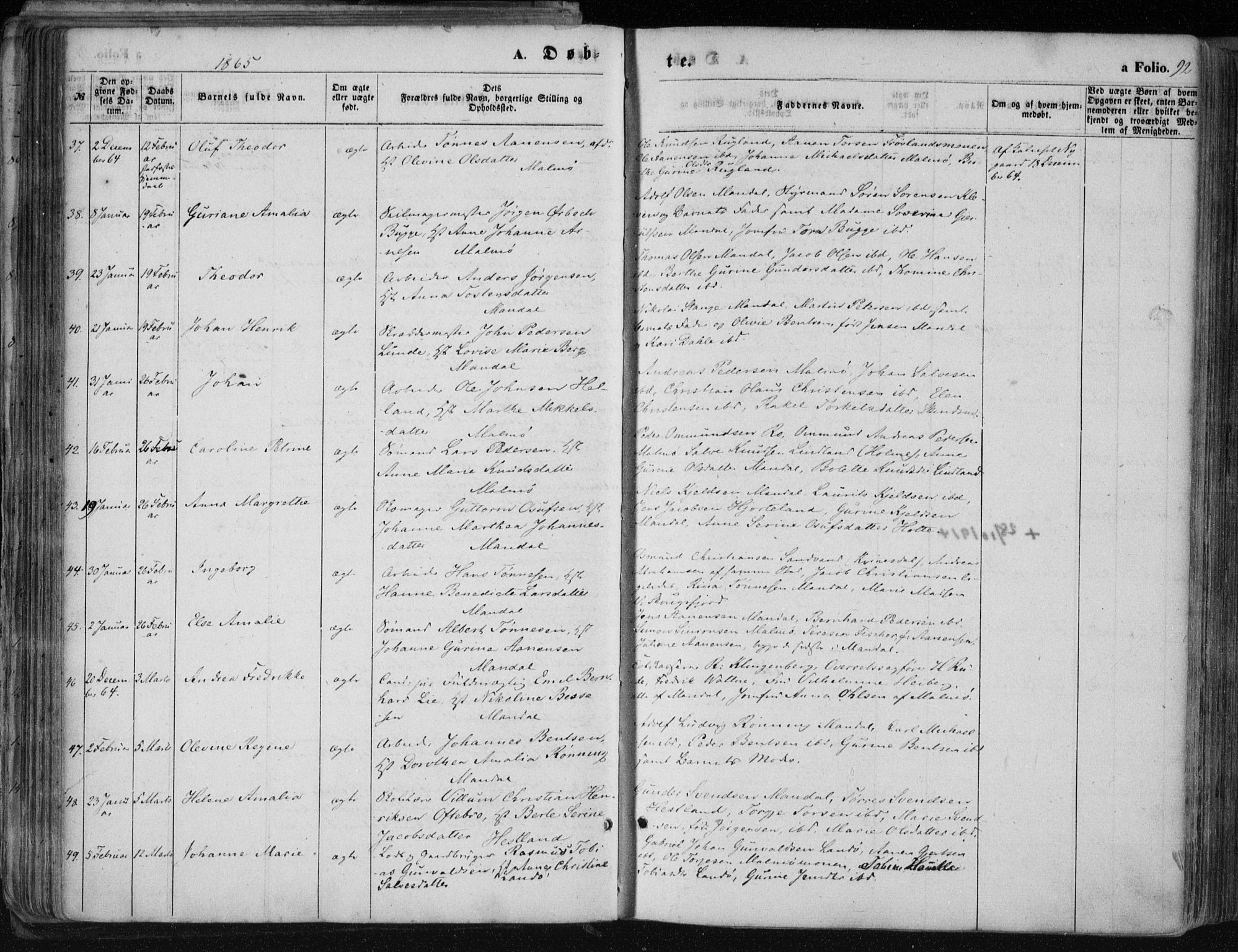 Mandal sokneprestkontor, AV/SAK-1111-0030/F/Fa/Faa/L0014: Parish register (official) no. A 14, 1859-1872, p. 92