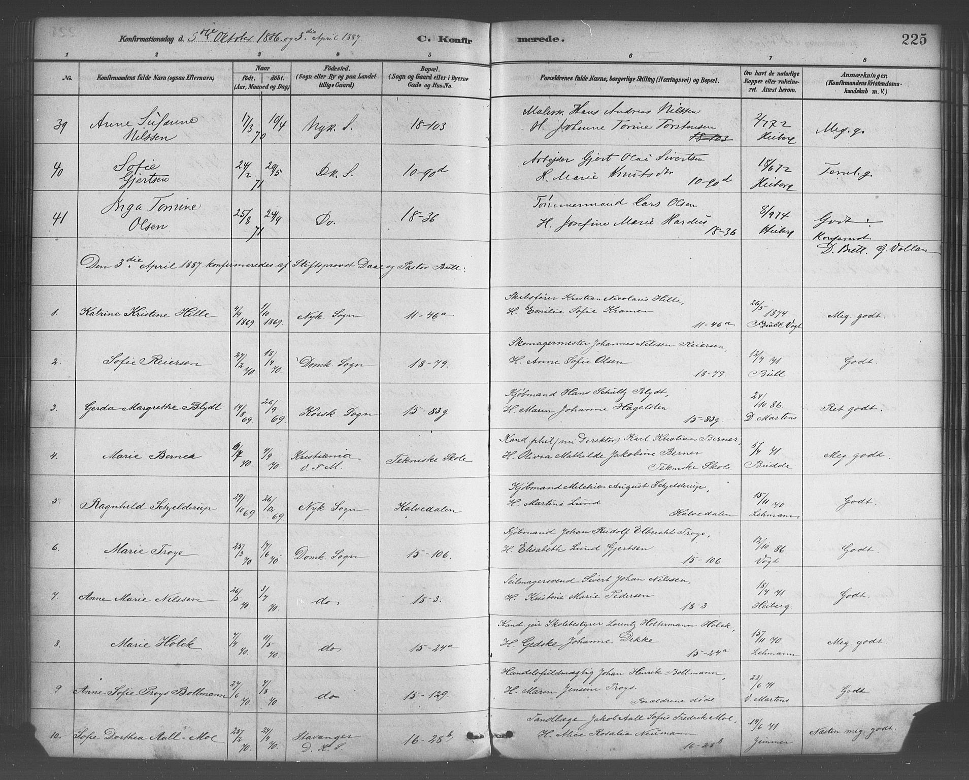 Domkirken sokneprestembete, SAB/A-74801/H/Haa/L0030: Parish register (official) no. C 5, 1880-1898, p. 225