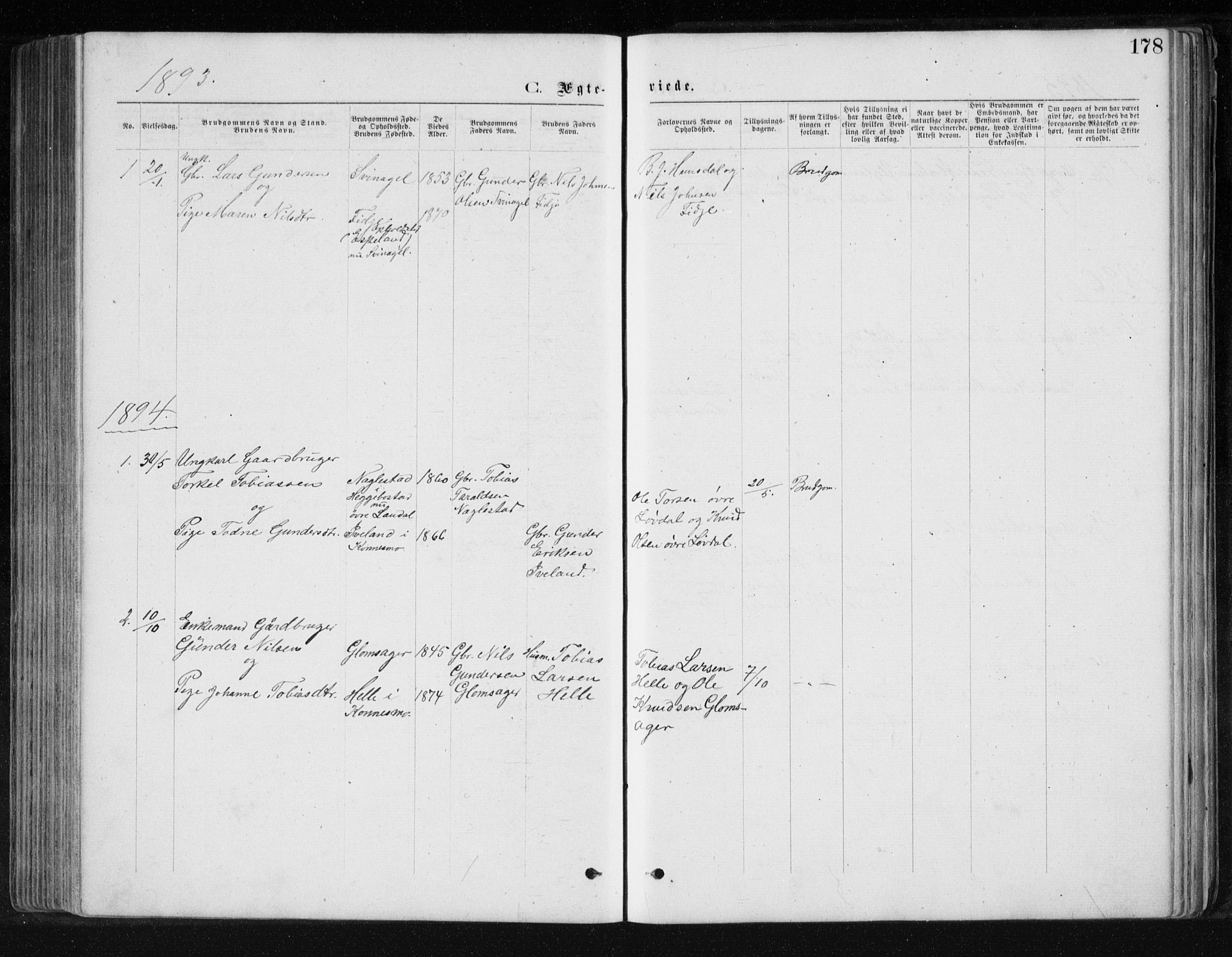 Holum sokneprestkontor, AV/SAK-1111-0022/F/Fb/Fbb/L0003: Parish register (copy) no. B 3, 1875-1898, p. 178