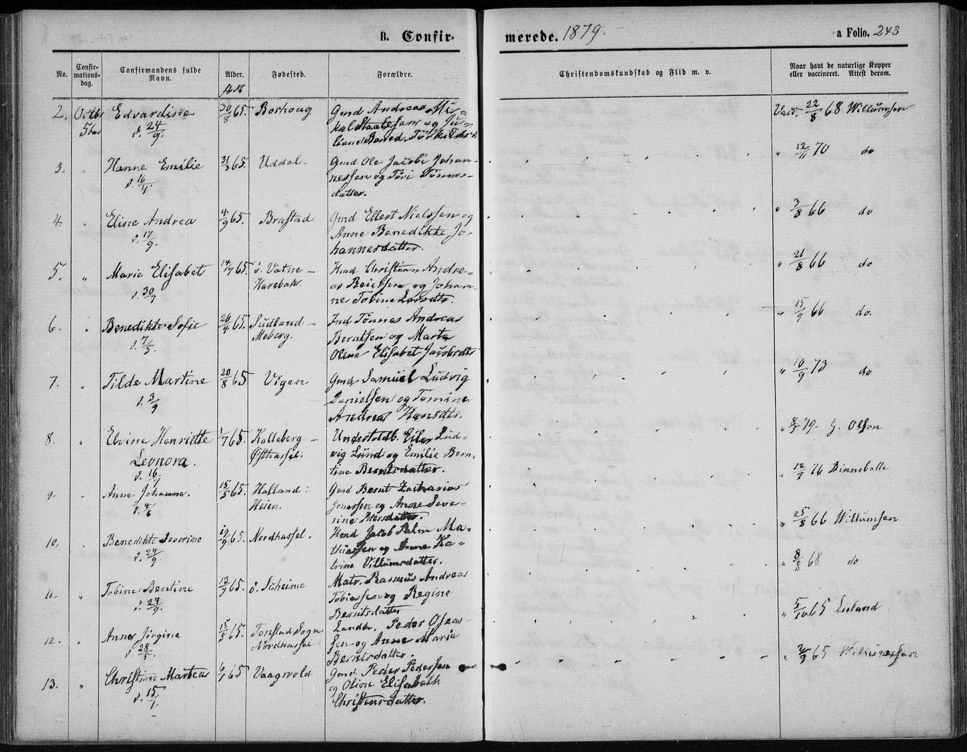 Lista sokneprestkontor, AV/SAK-1111-0027/F/Fb/L0004: Parish register (copy) no. B 4, 1877-1891, p. 243