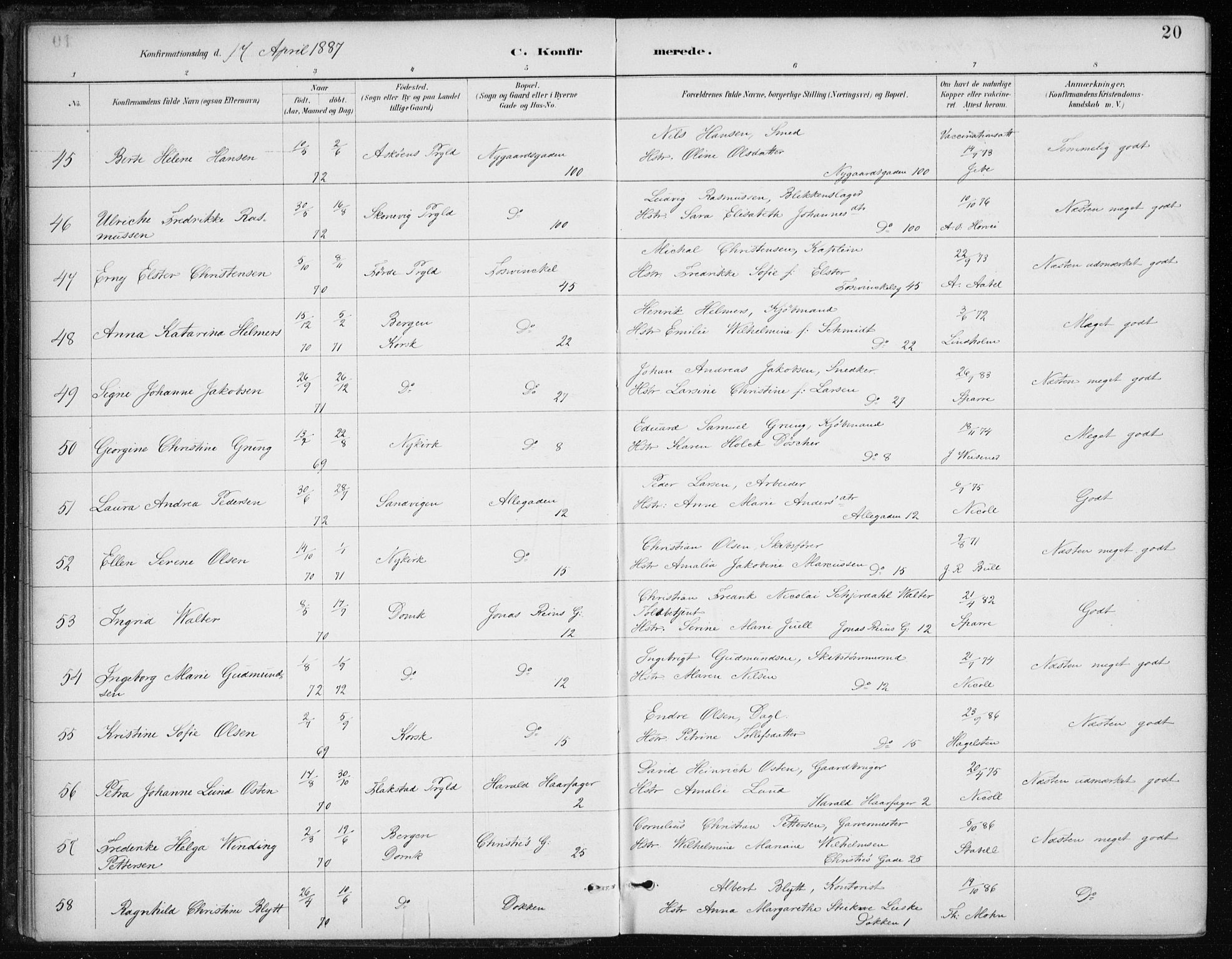 Johanneskirken sokneprestembete, AV/SAB-A-76001/H/Haa/L0008: Parish register (official) no. C 1, 1885-1907, p. 20