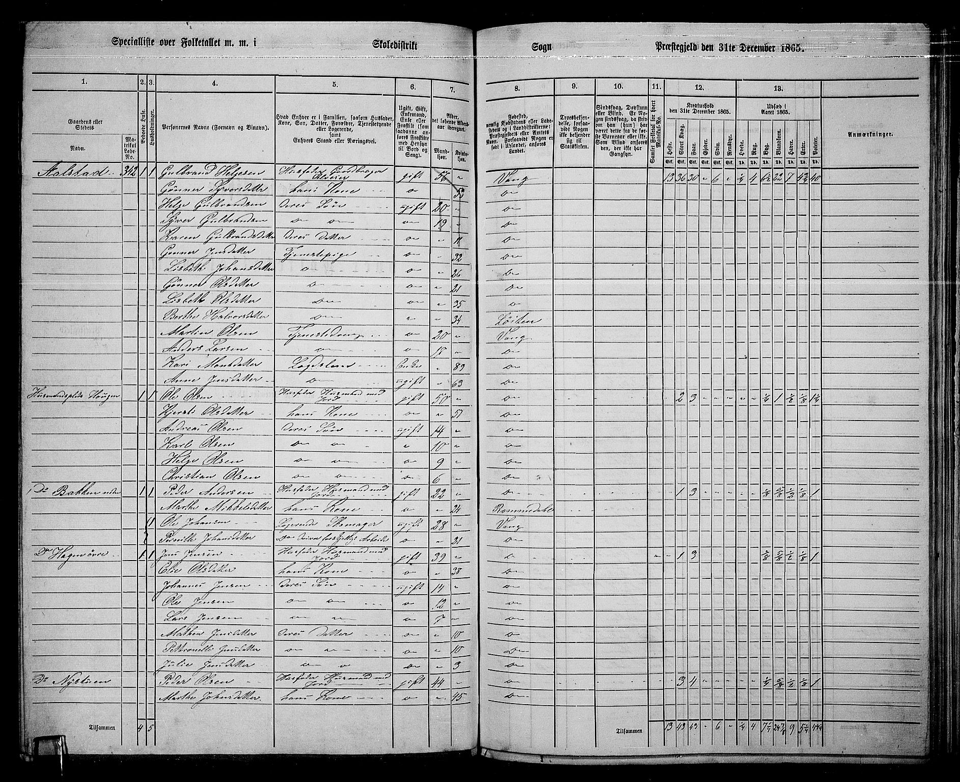 RA, 1865 census for Vang/Vang og Furnes, 1865, p. 271