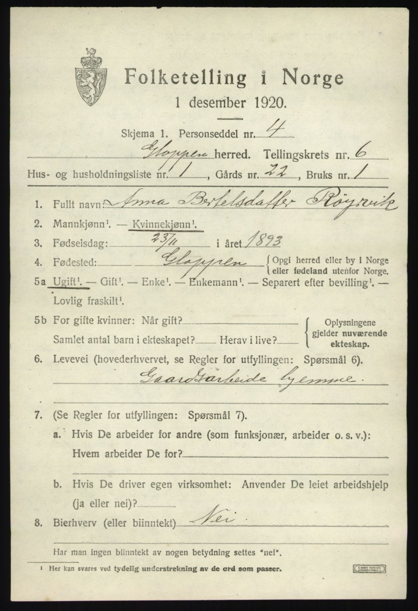 SAB, 1920 census for Gloppen, 1920, p. 3714