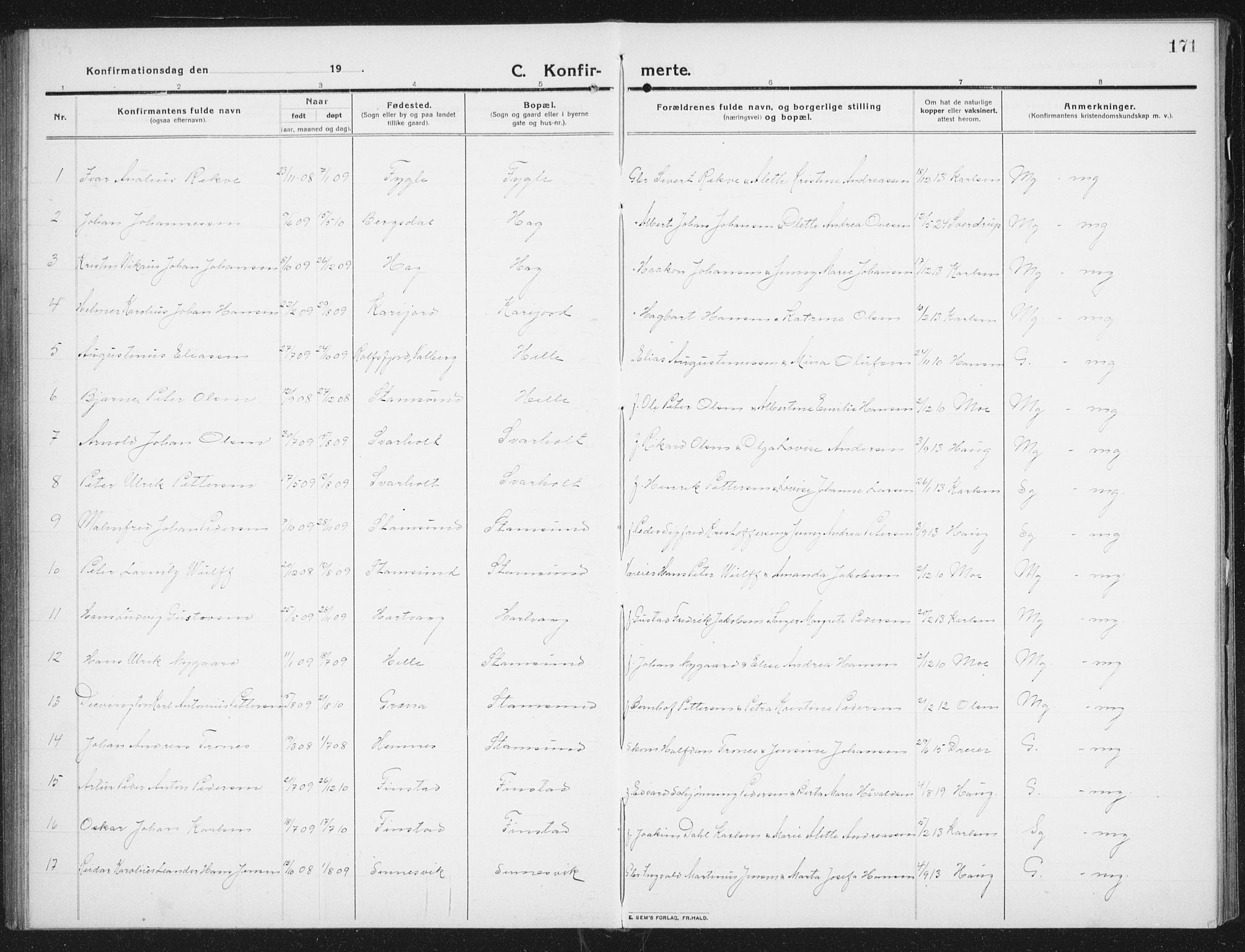 Ministerialprotokoller, klokkerbøker og fødselsregistre - Nordland, AV/SAT-A-1459/882/L1183: Parish register (copy) no. 882C01, 1911-1938, p. 171