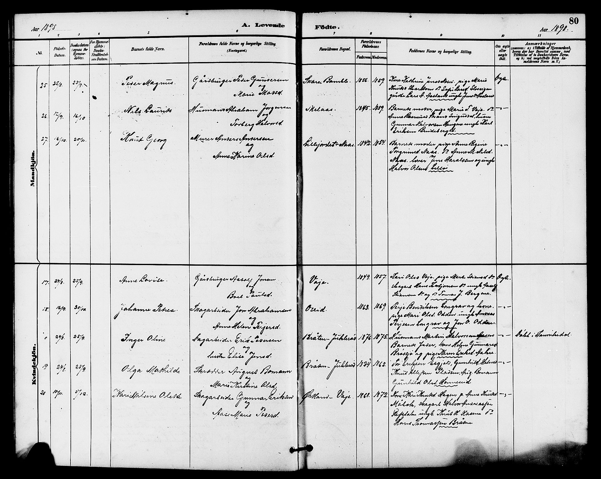 Drangedal kirkebøker, SAKO/A-258/G/Ga/L0003: Parish register (copy) no. I 3, 1887-1906, p. 80