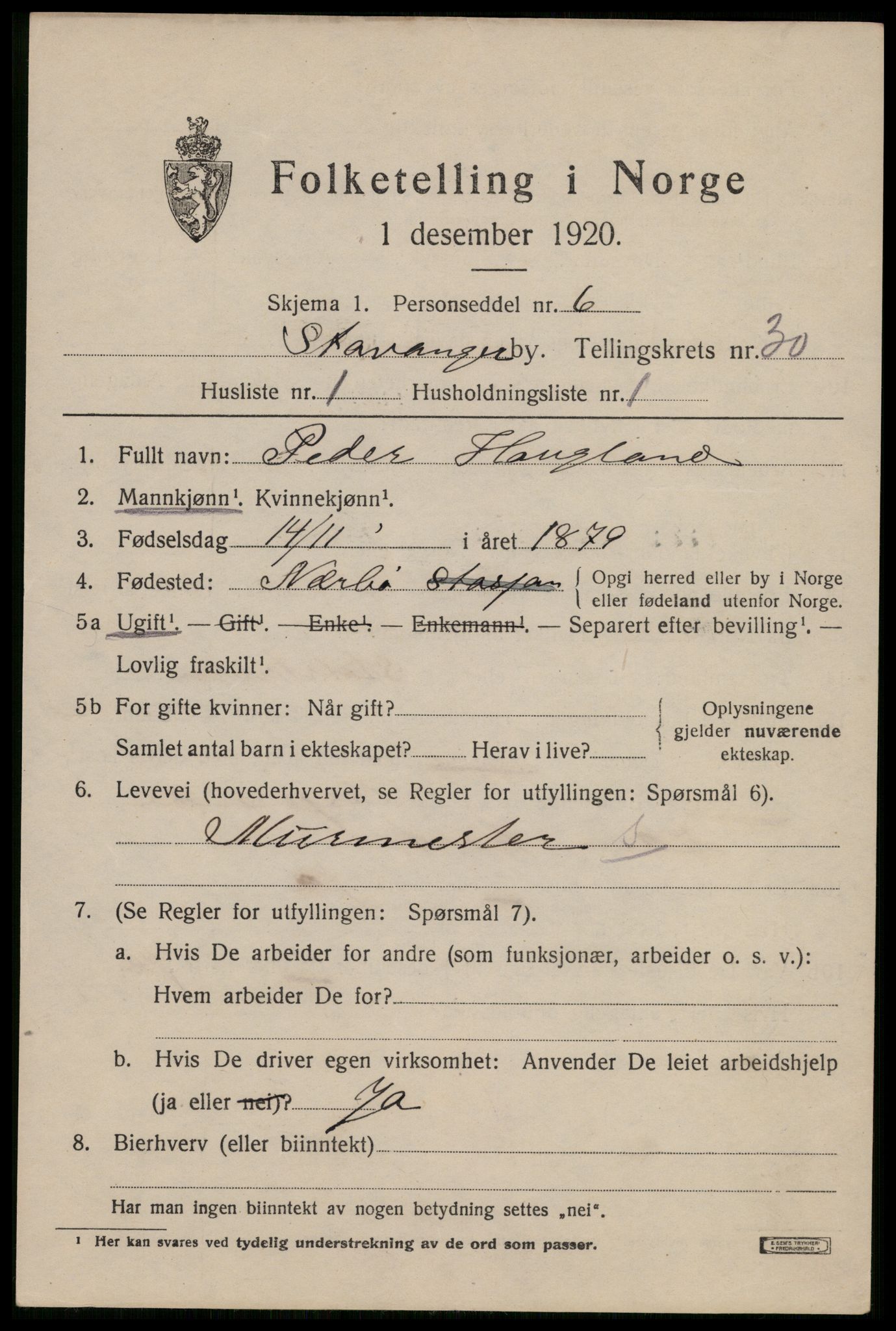 SAST, 1920 census for Stavanger, 1920, p. 84976