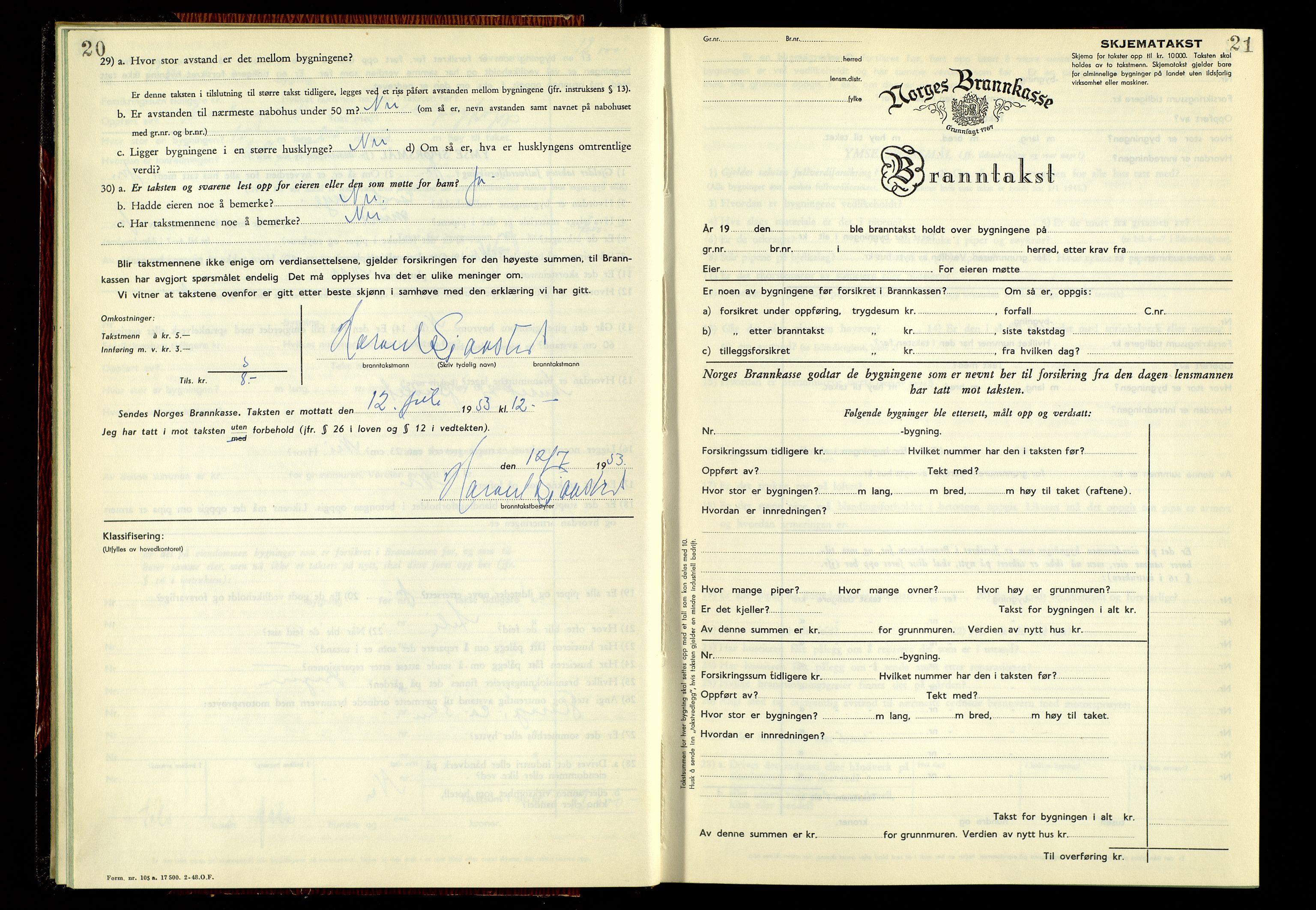 Norges Brannkasse, Romedal, SAH/NBRANR-008/F/L0005: Branntakstprotokoll, 1950-1953, p. 20-21