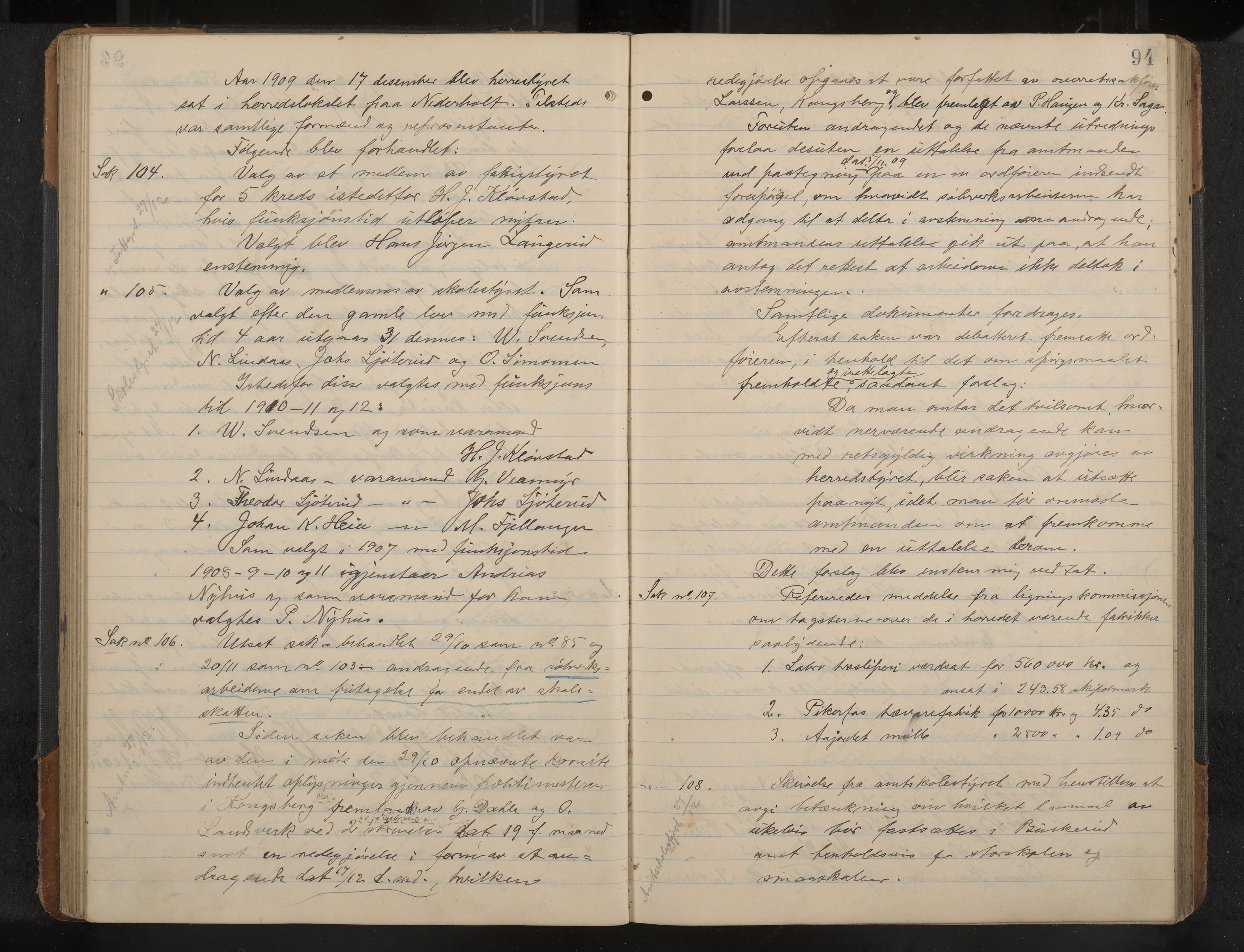 Øvre Sandsvær formannskap og sentraladministrasjon, IKAK/0630021/A/L0001: Møtebok med register, 1908-1913, p. 94