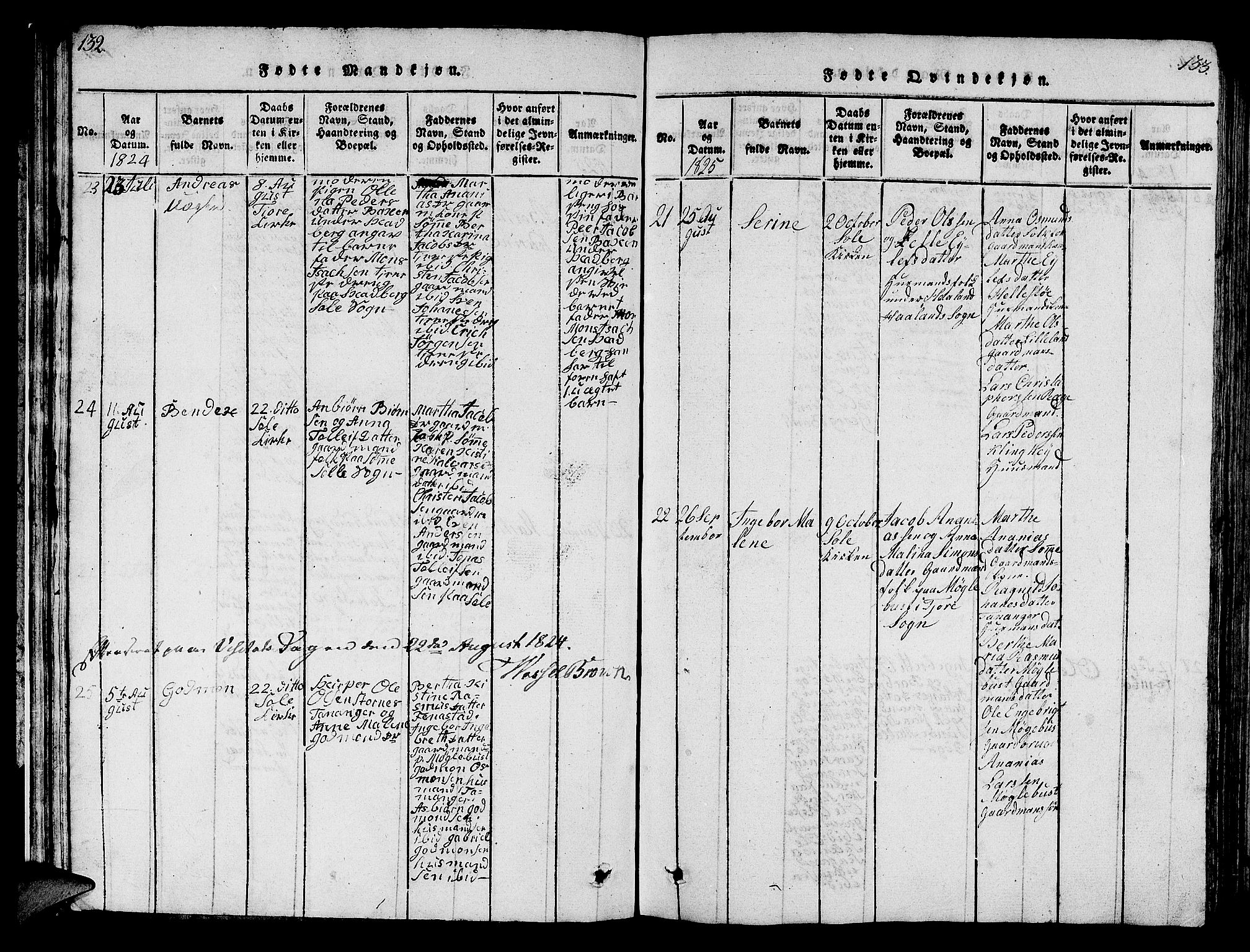 Håland sokneprestkontor, AV/SAST-A-101802/001/30BB/L0001: Parish register (copy) no. B 1, 1815-1845, p. 132-133