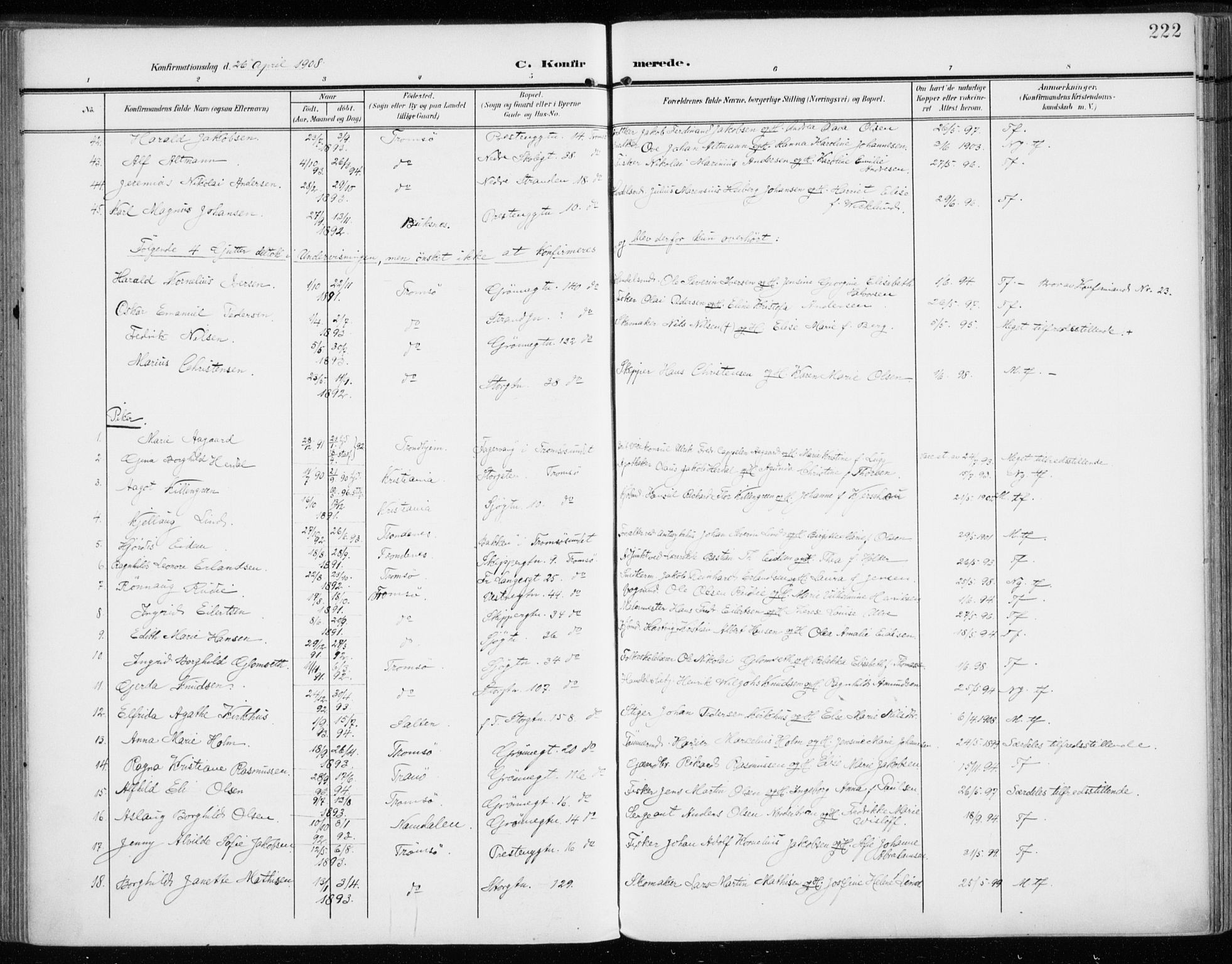 Tromsø sokneprestkontor/stiftsprosti/domprosti, SATØ/S-1343/G/Ga/L0017kirke: Parish register (official) no. 17, 1907-1917, p. 222