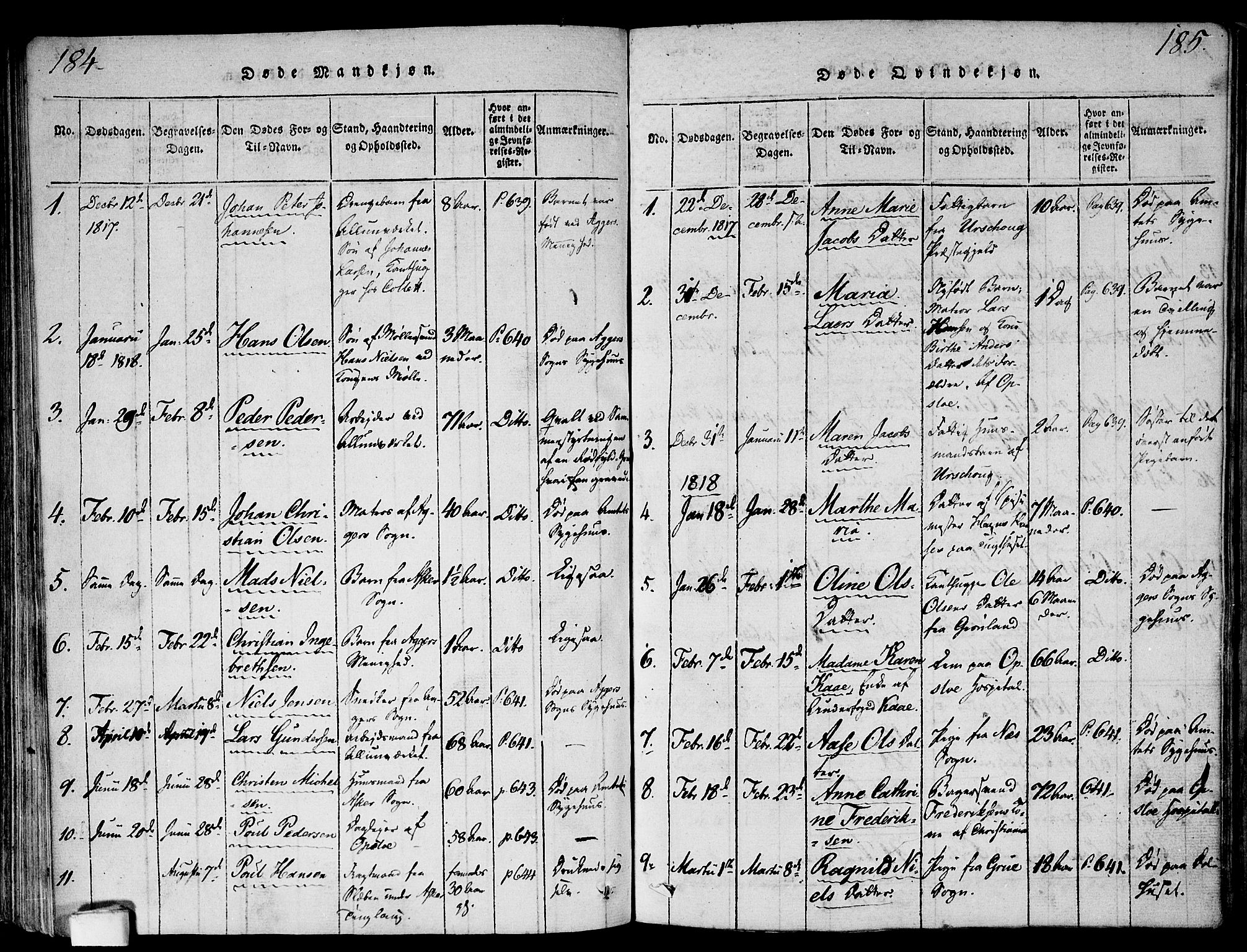 Gamlebyen prestekontor Kirkebøker, SAO/A-10884/F/Fa/L0002: Parish register (official) no. 2, 1817-1829, p. 184-185