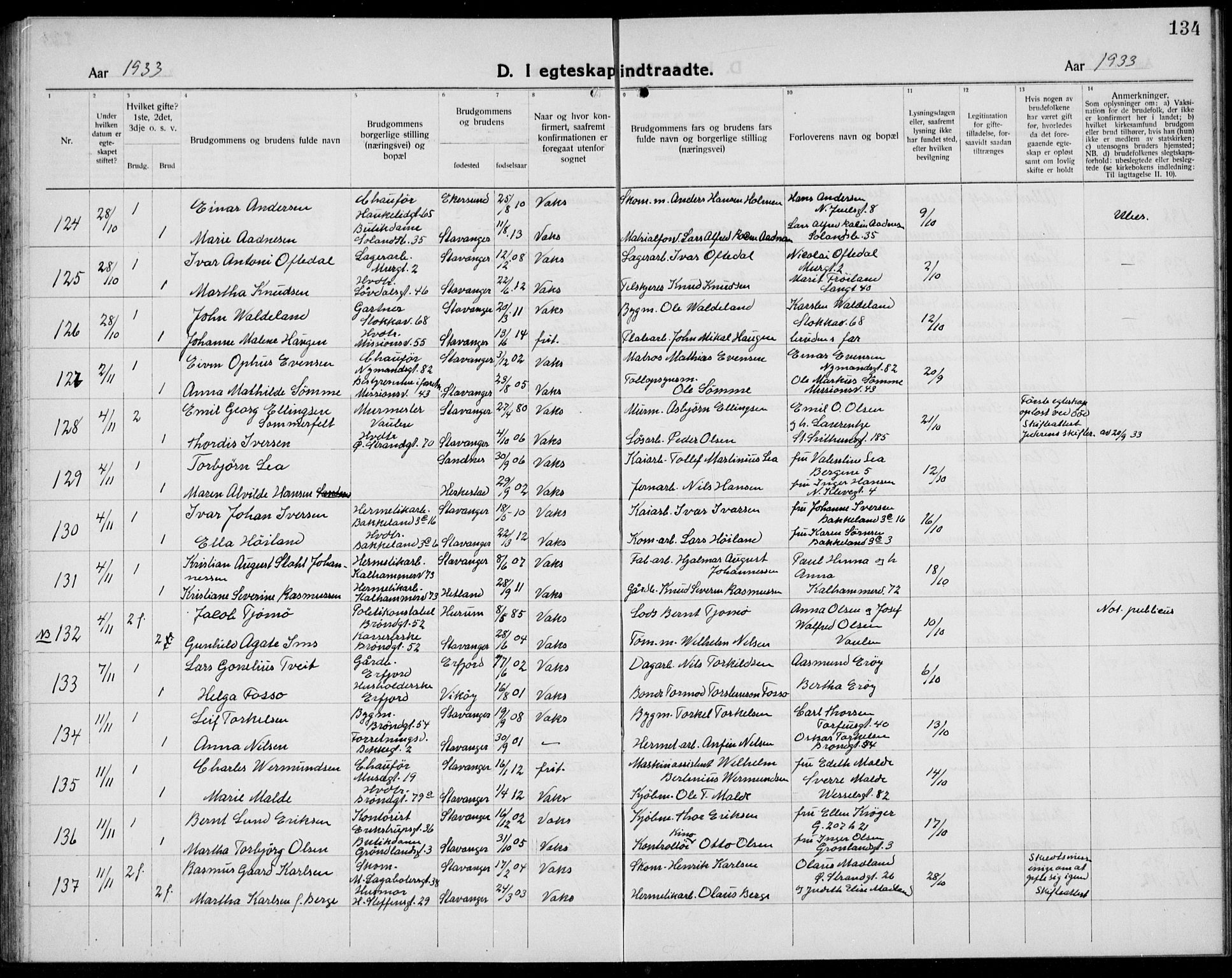 Domkirken sokneprestkontor, SAST/A-101812/001/30/30BB/L0020: Parish register (copy) no. B 20, 1921-1937, p. 134