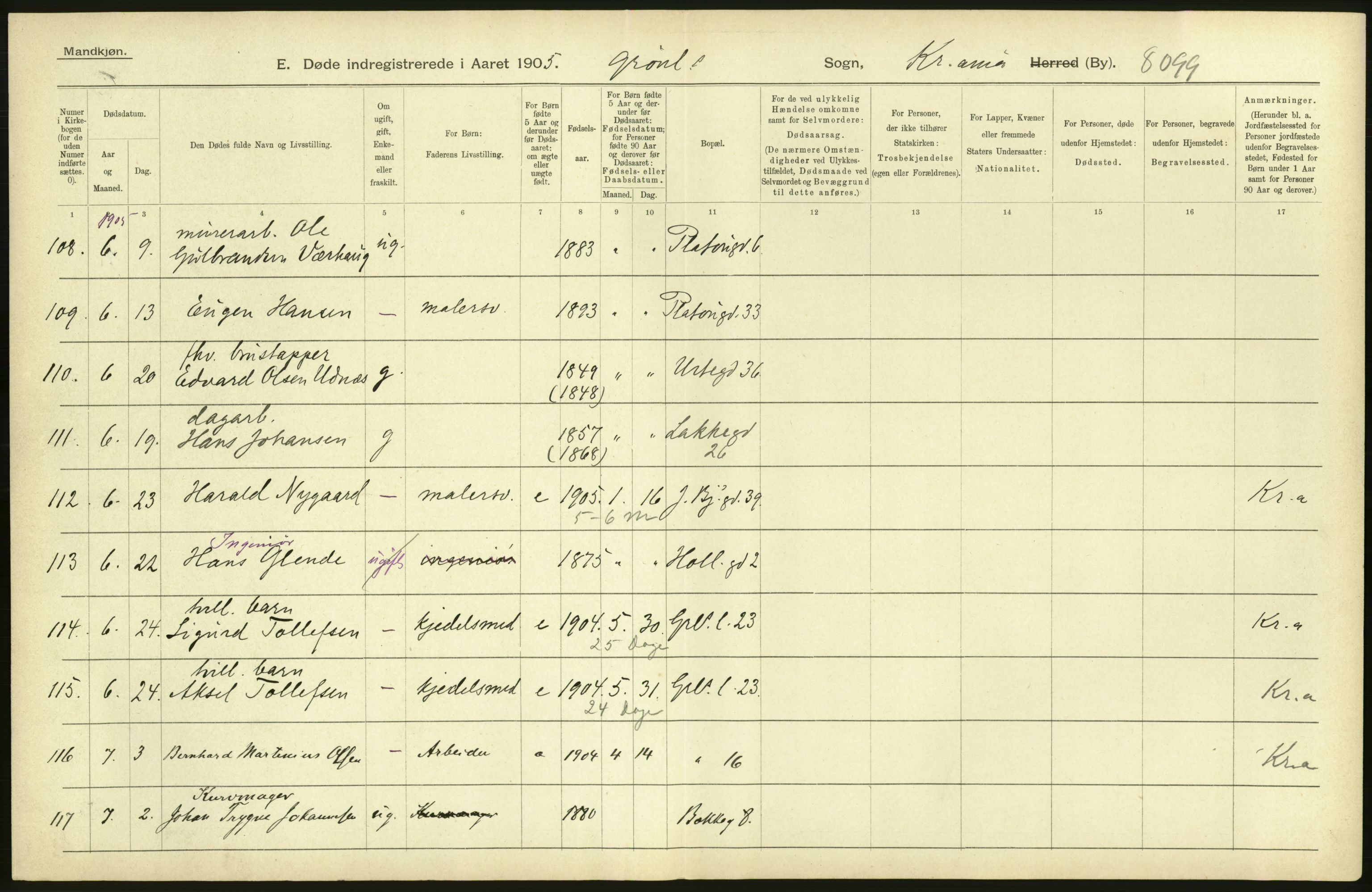 Statistisk sentralbyrå, Sosiodemografiske emner, Befolkning, AV/RA-S-2228/D/Df/Dfa/Dfac/L0007a: Kristiania: Døde, dødfødte., 1905, p. 792