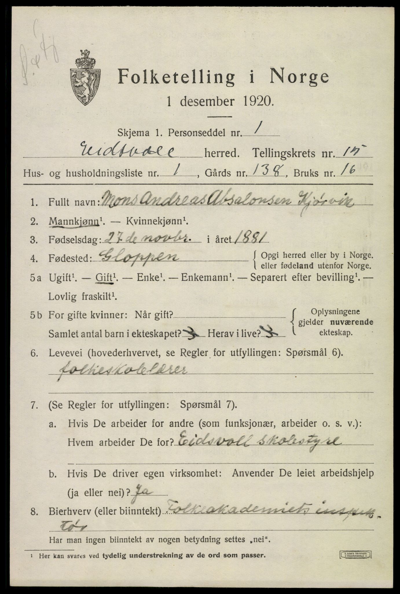 SAO, 1920 census for Eidsvoll, 1920, p. 22053