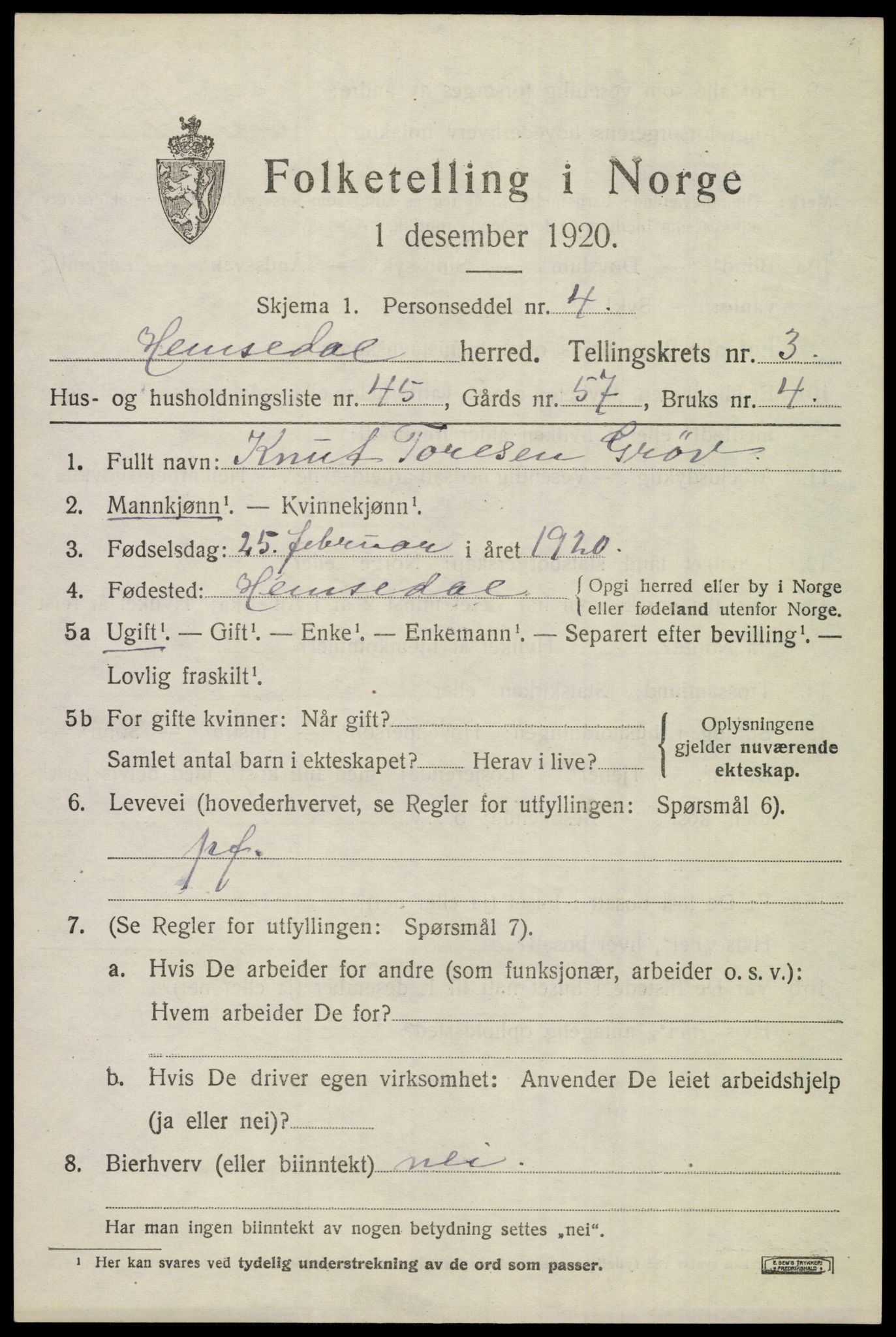 SAKO, 1920 census for Hemsedal, 1920, p. 1448