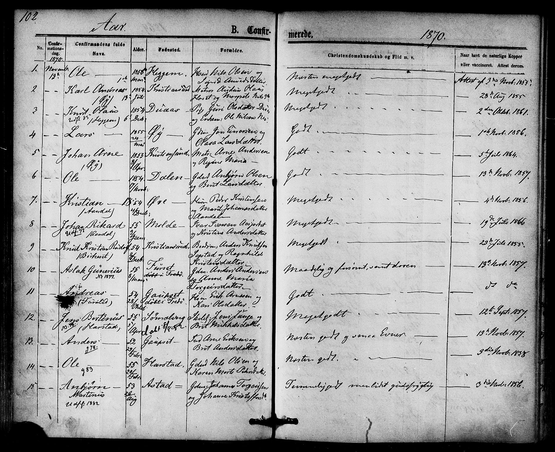 Ministerialprotokoller, klokkerbøker og fødselsregistre - Møre og Romsdal, AV/SAT-A-1454/584/L0966: Parish register (official) no. 584A06, 1869-1878, p. 102