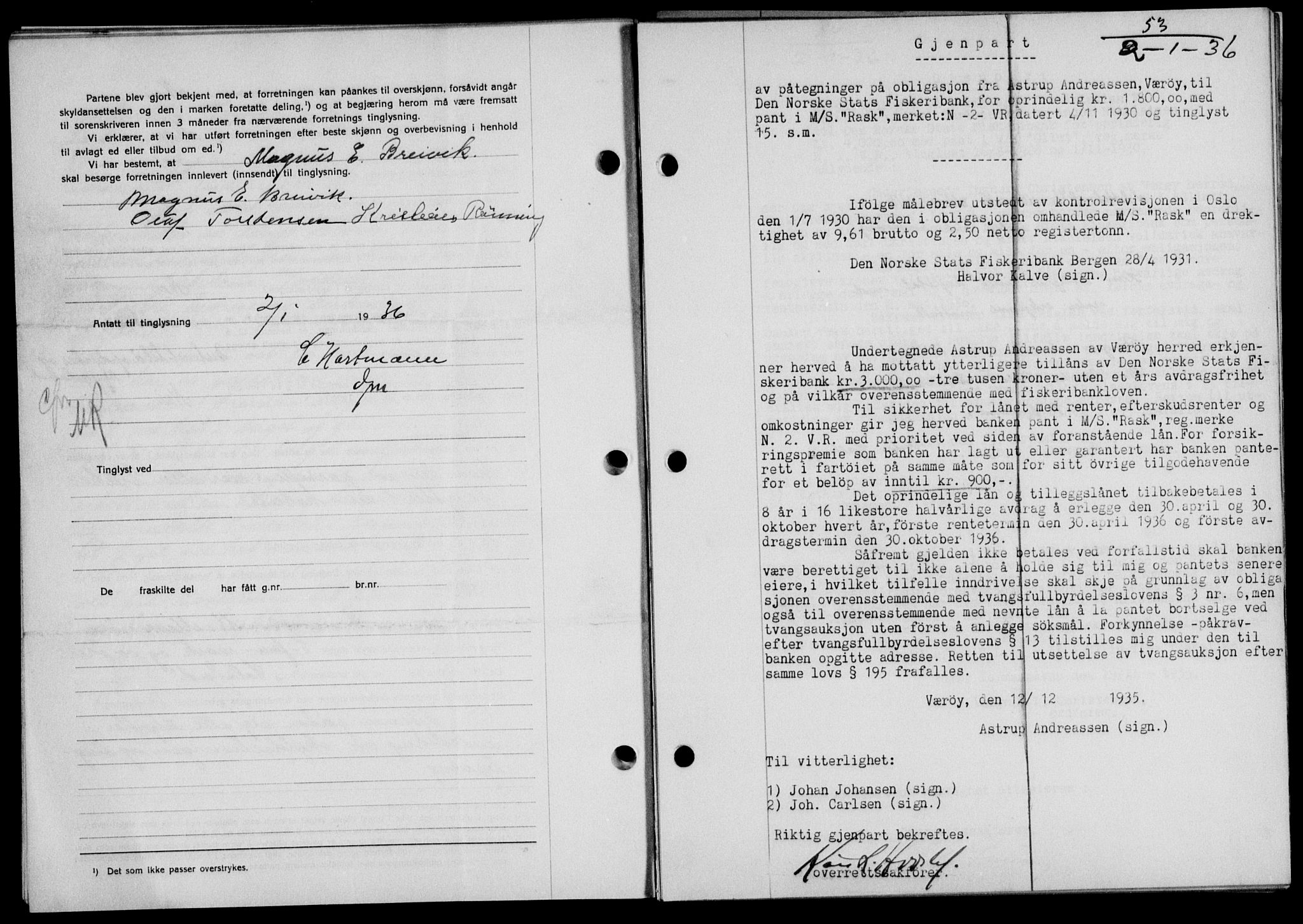 Lofoten sorenskriveri, SAT/A-0017/1/2/2C/L0033b: Mortgage book no. 33b, 1936-1936, Diary no: : 53/1936
