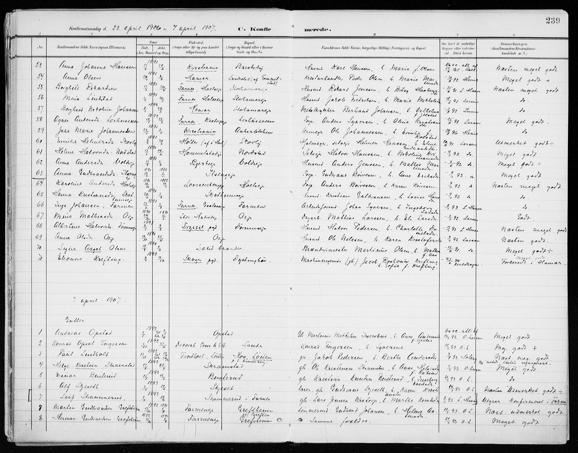 Vang prestekontor, Hedmark, SAH/PREST-008/H/Ha/Haa/L0021: Parish register (official) no. 21, 1902-1917, p. 239