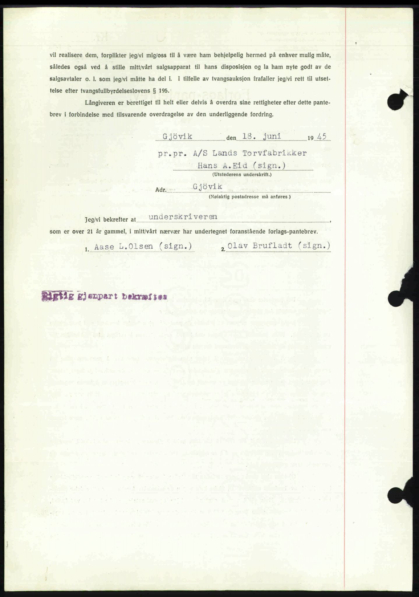 Toten tingrett, SAH/TING-006/H/Hb/Hbc/L0013: Mortgage book no. Hbc-13, 1945-1945, Diary no: : 956/1945