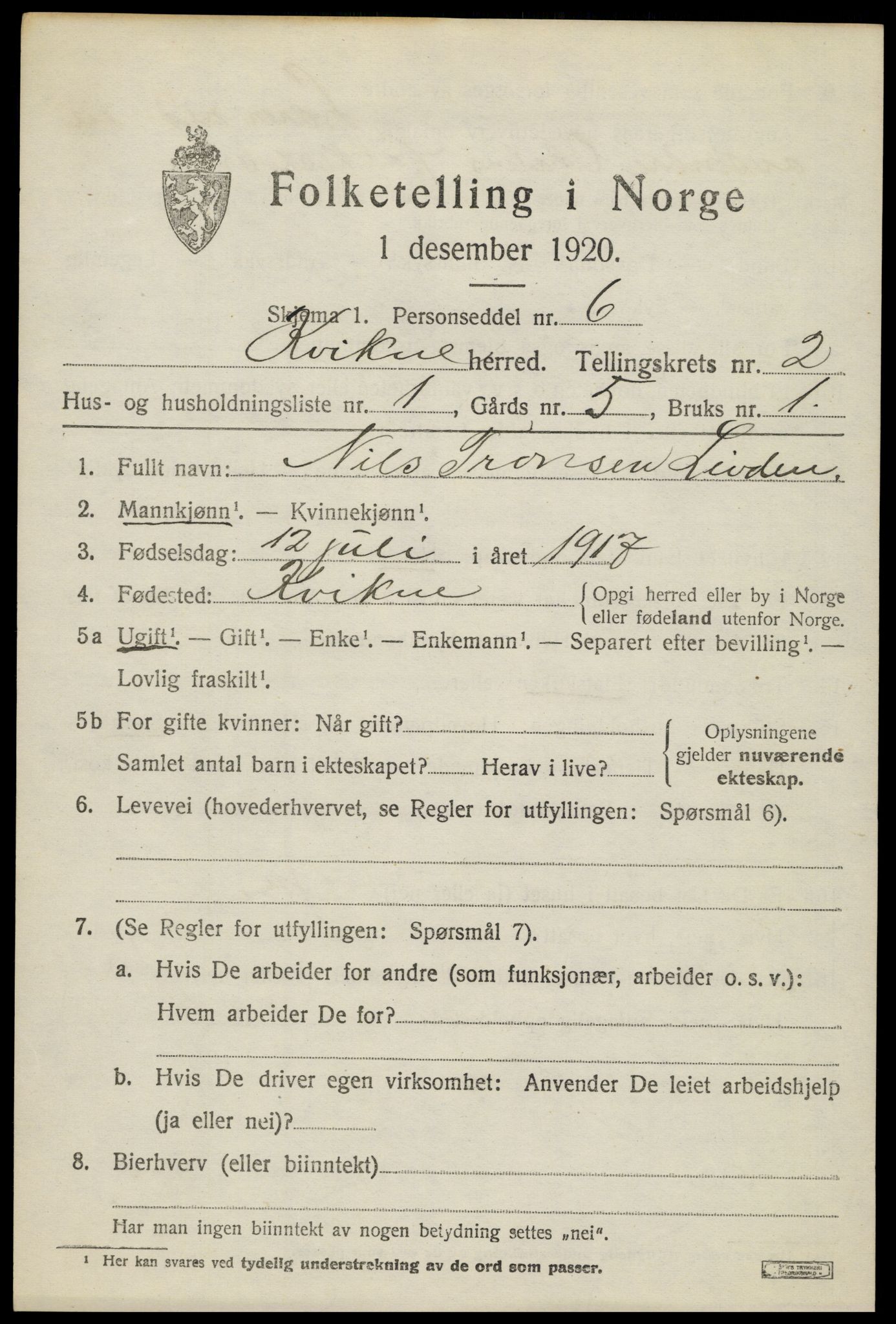 SAH, 1920 census for Kvikne, 1920, p. 978