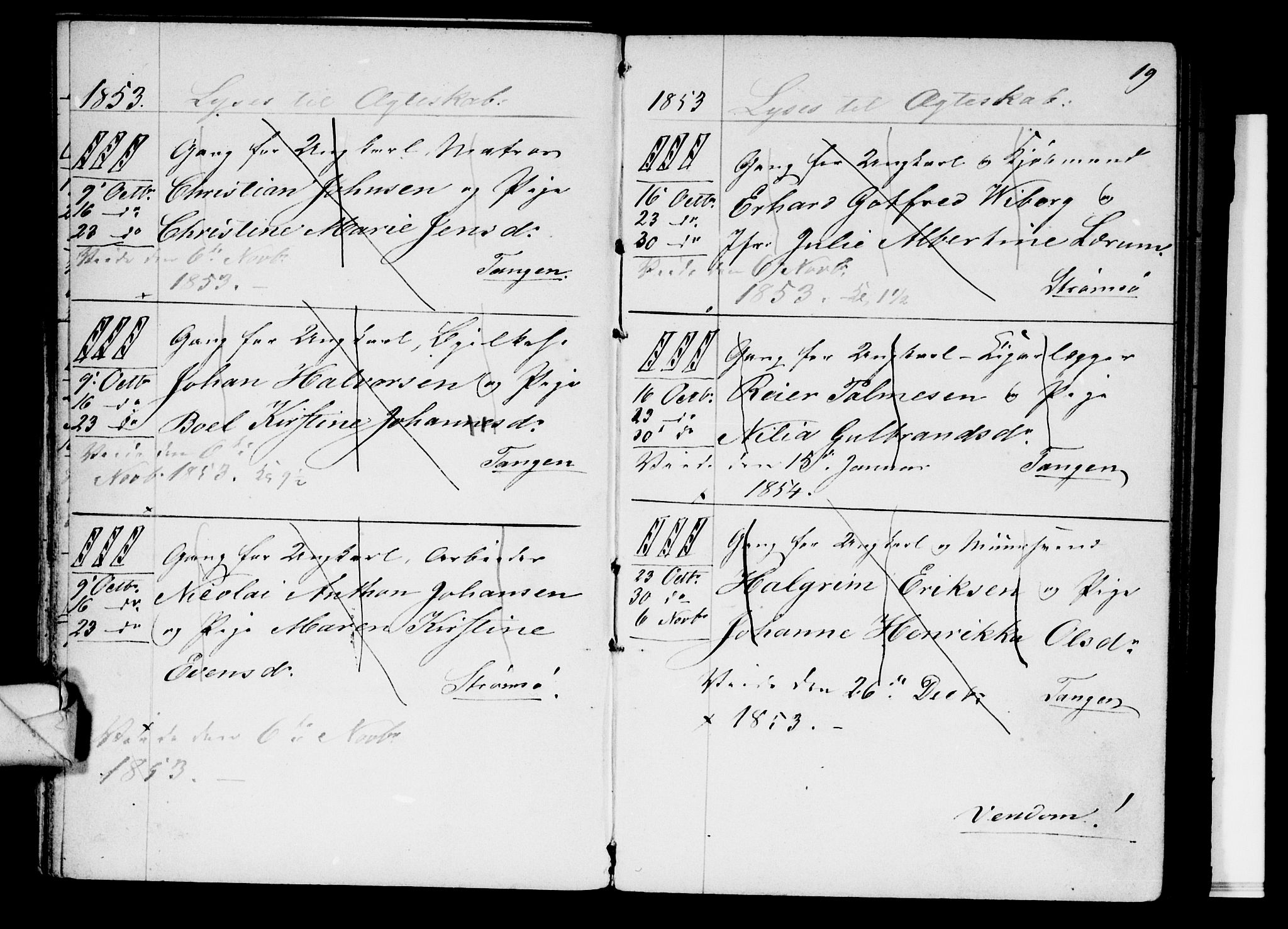 Strømsø kirkebøker, AV/SAKO-A-246/H/Ha/L0002: Banns register no. 2, 1850-1866, p. 19