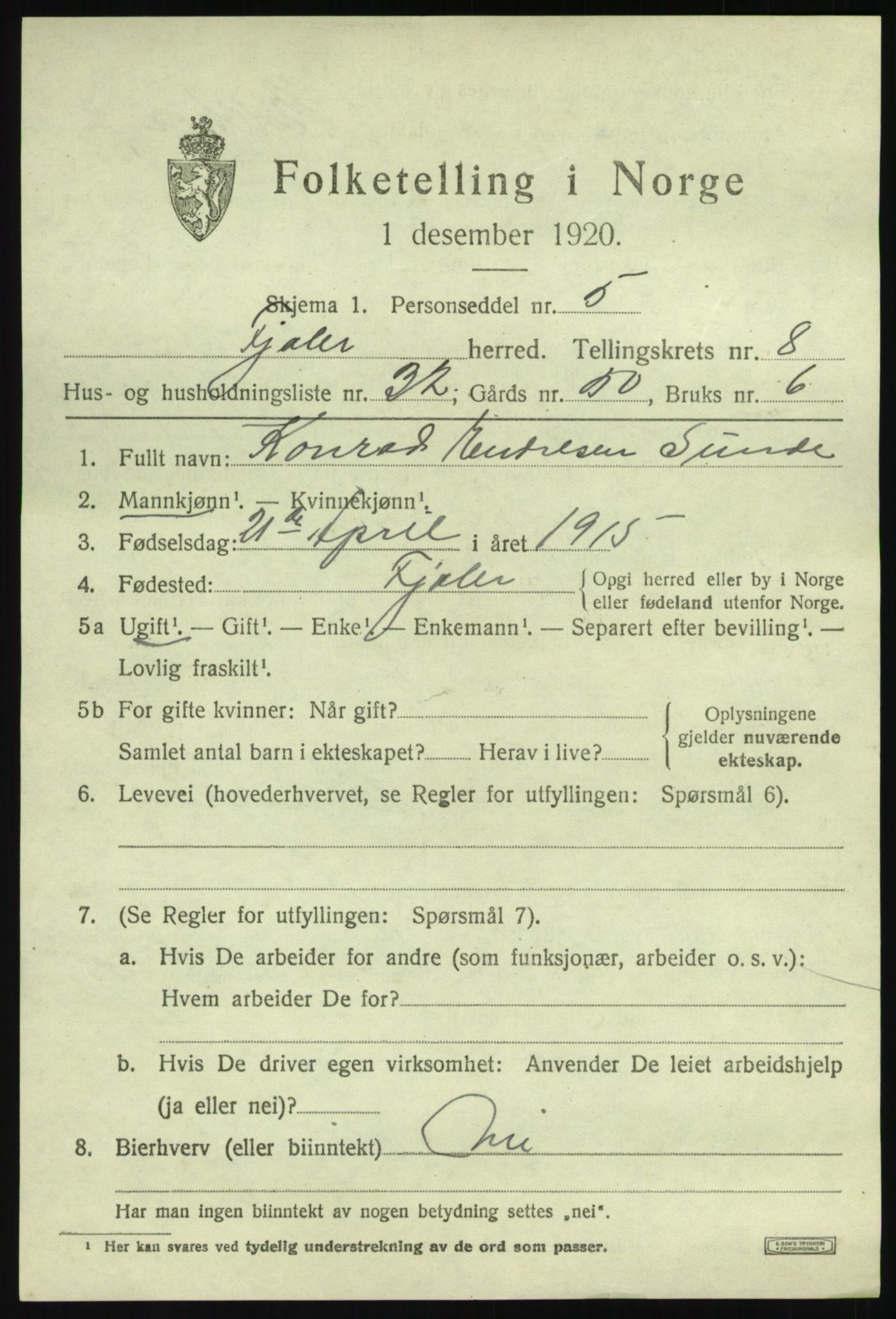 SAB, 1920 census for Fjaler, 1920, p. 4627