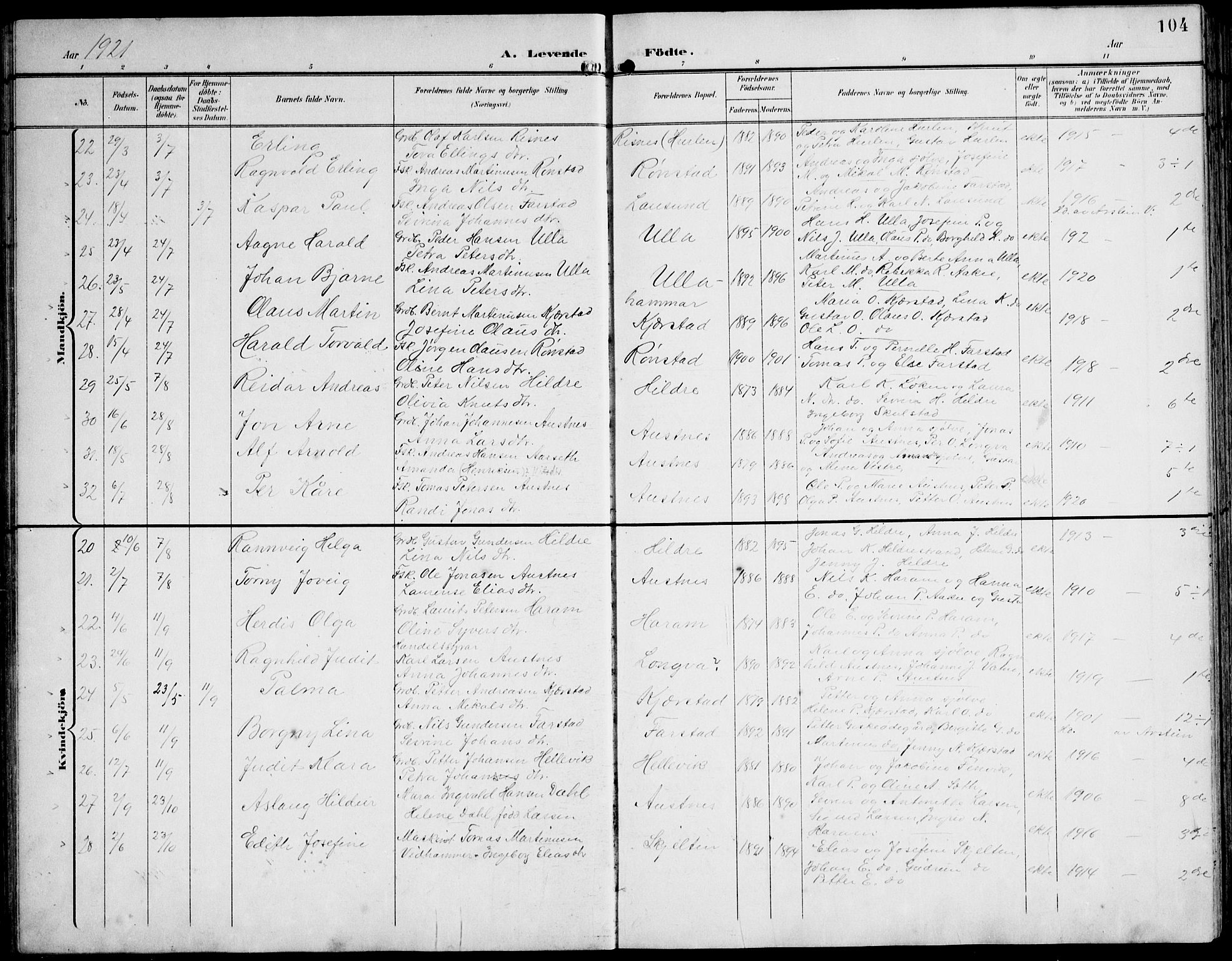 Ministerialprotokoller, klokkerbøker og fødselsregistre - Møre og Romsdal, AV/SAT-A-1454/536/L0511: Parish register (copy) no. 536C06, 1899-1944, p. 104