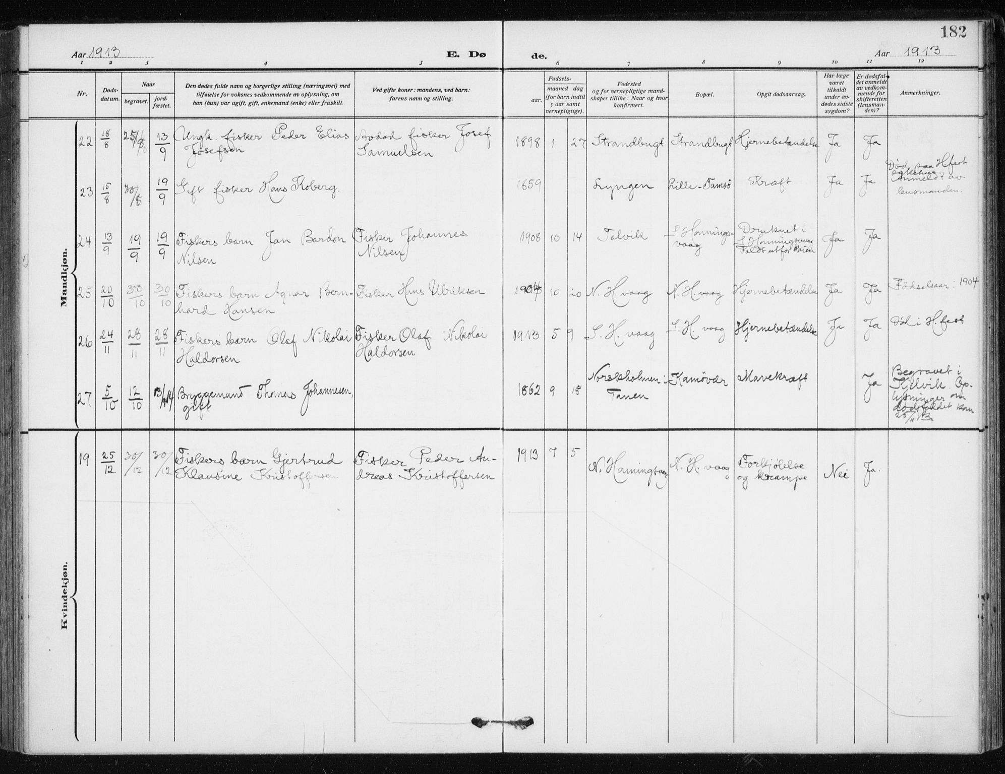 Kjelvik/Nordkapp sokneprestkontor, SATØ/S-1350/H/Ha/L0001kirke: Parish register (official) no. 1, 1911-1919, p. 182