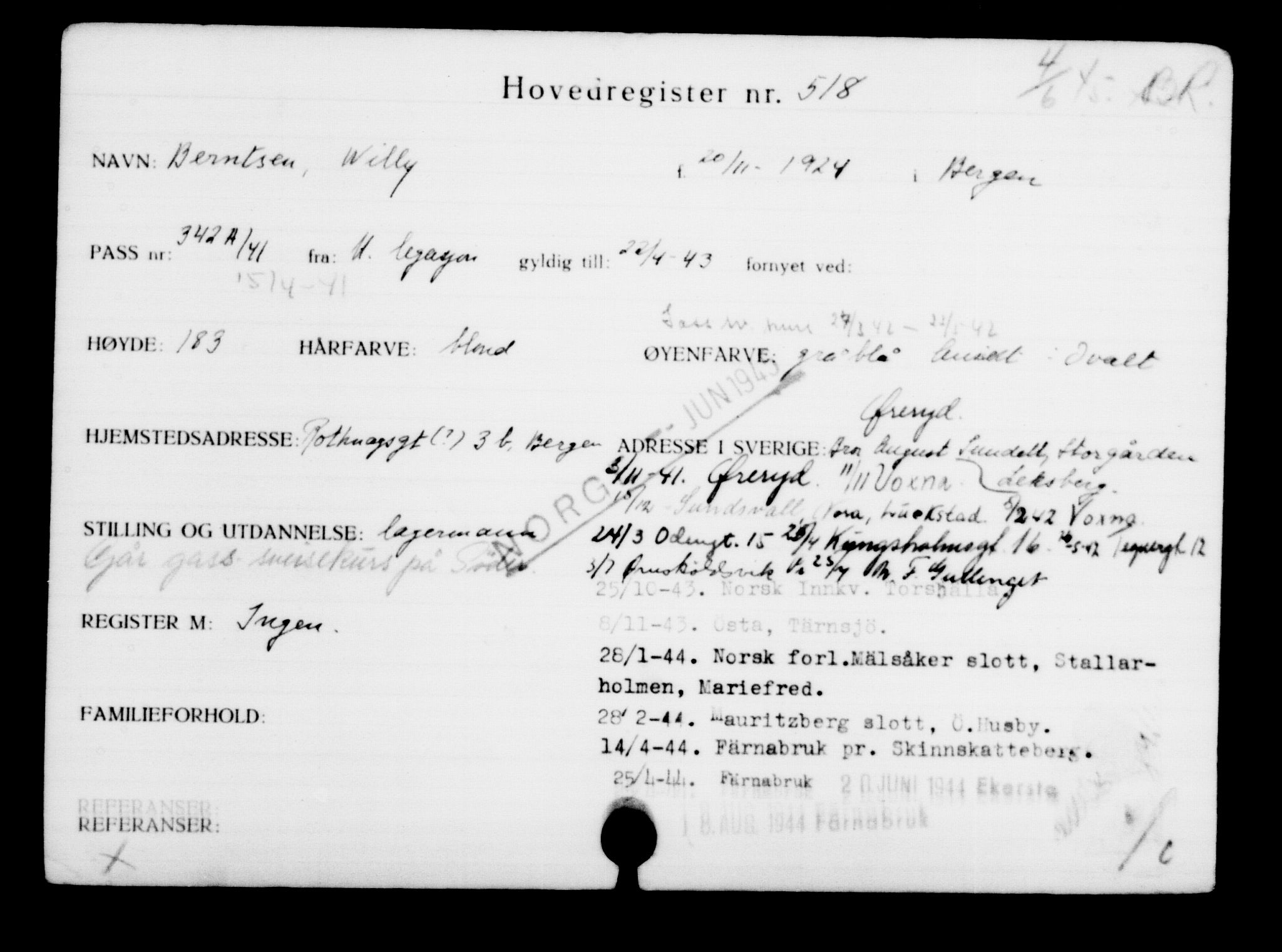 Utenriksstasjonene, Legasjonen i Stockholm, Flyktningkontoret, AV/RA-S-6753/V/Va/L0001: Kjesäterkartoteket, flyktninger med registreringsnr. 1-1000, 1940-1945, p. 799