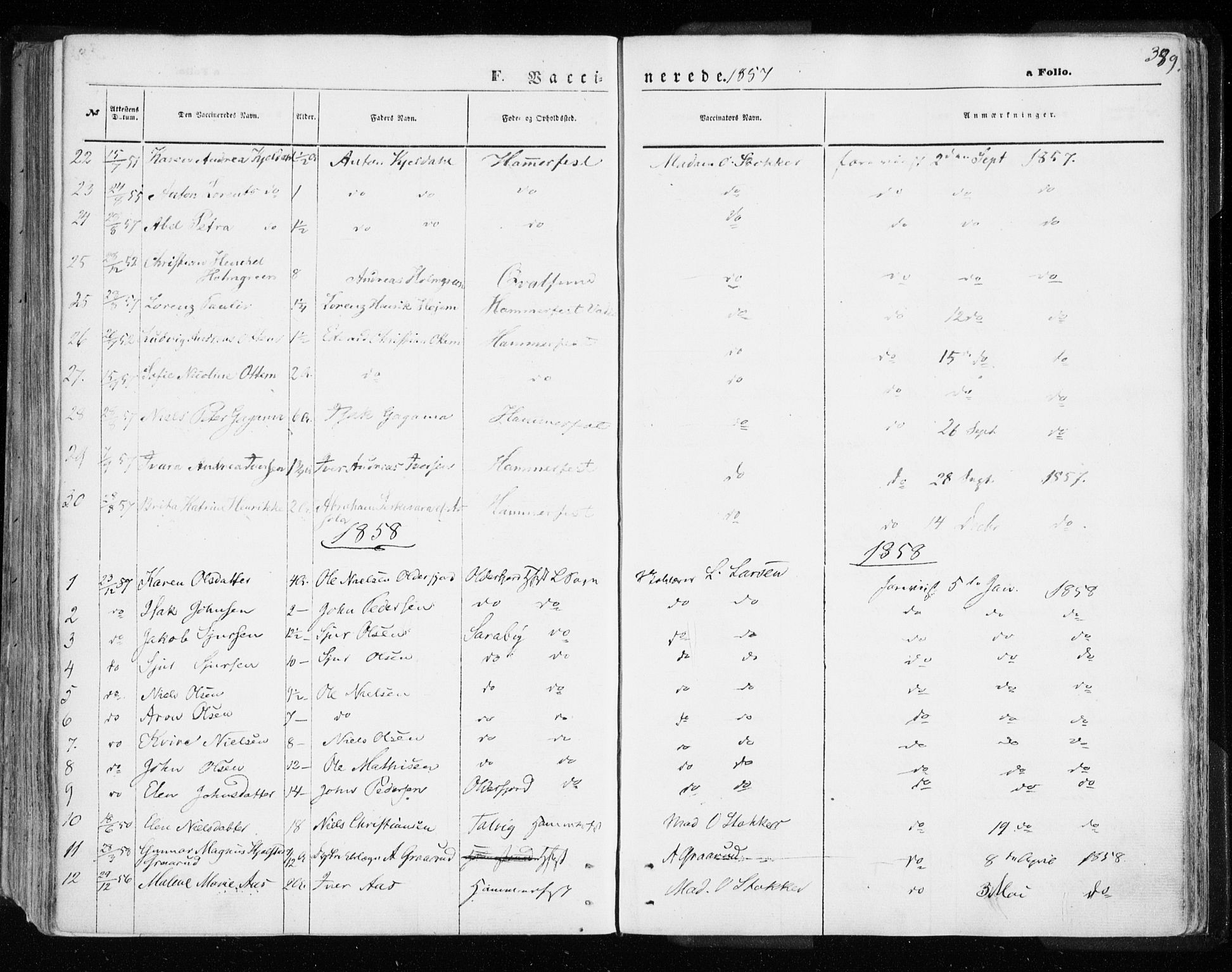 Hammerfest sokneprestkontor, SATØ/S-1347/H/Ha/L0005.kirke: Parish register (official) no. 5, 1857-1869, p. 389