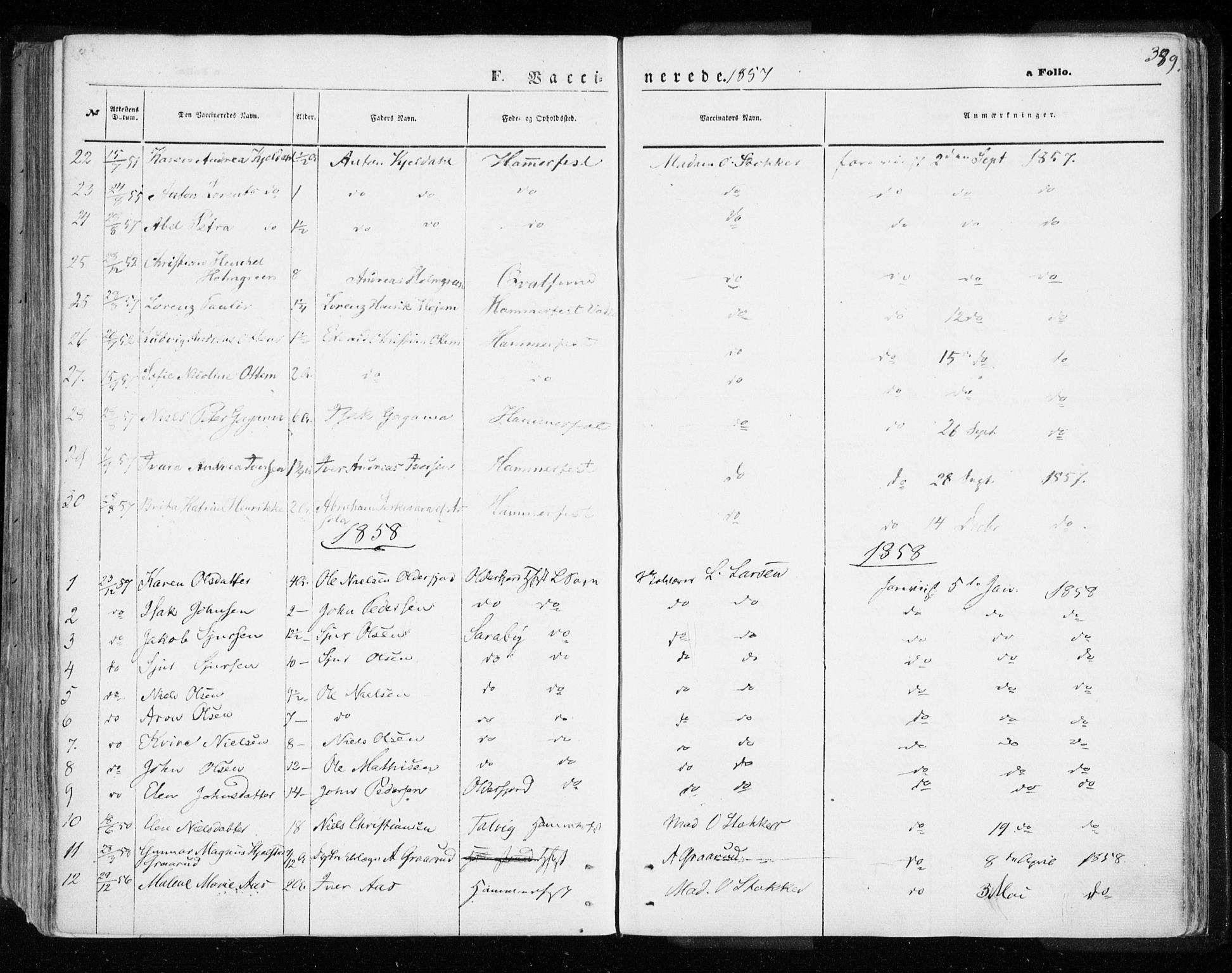 Hammerfest sokneprestkontor, AV/SATØ-S-1347/H/Ha/L0005.kirke: Parish register (official) no. 5, 1857-1869, p. 389