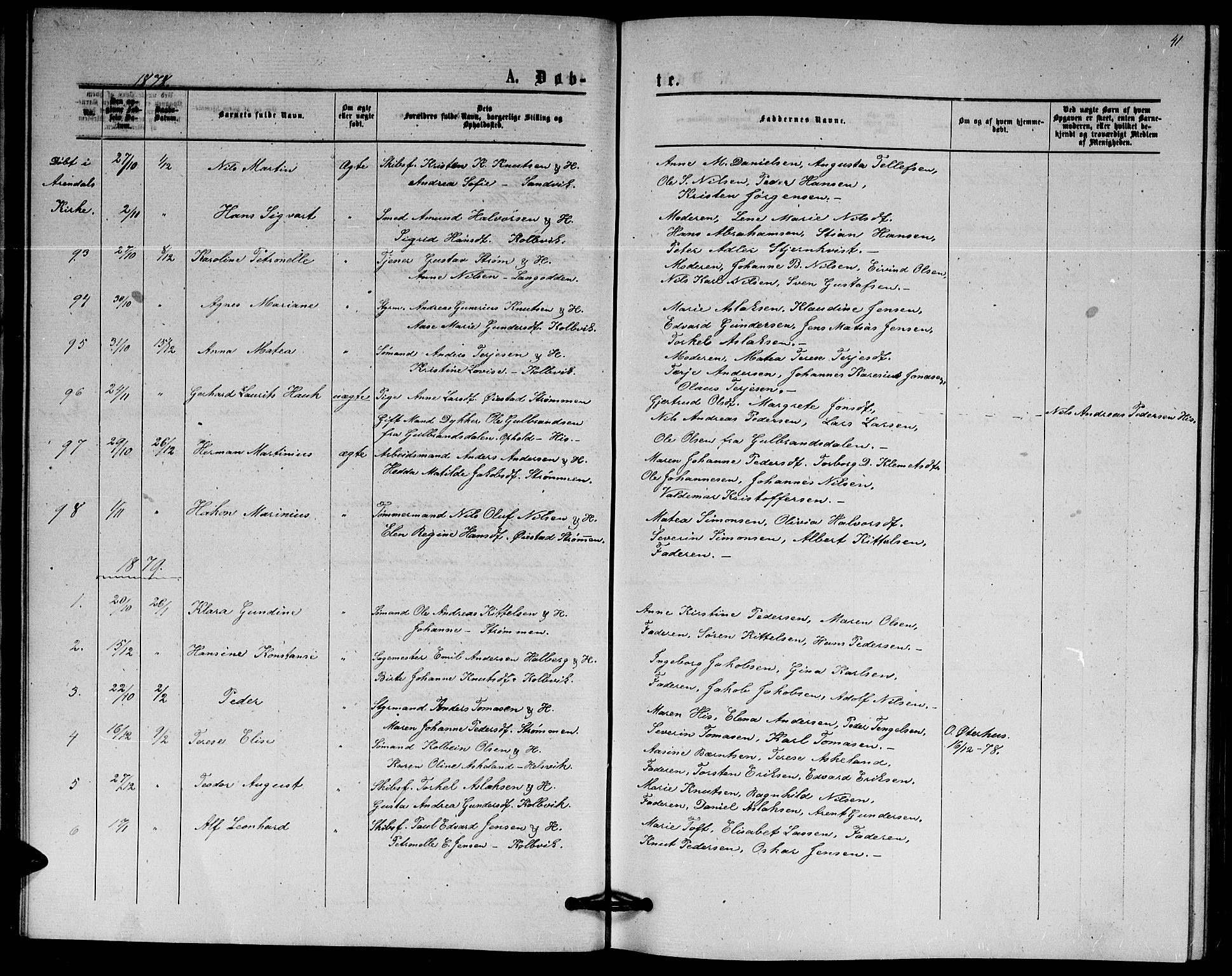 Hisøy sokneprestkontor, SAK/1111-0020/F/Fb/L0002: Parish register (copy) no. B 2, 1873-1885, p. 41