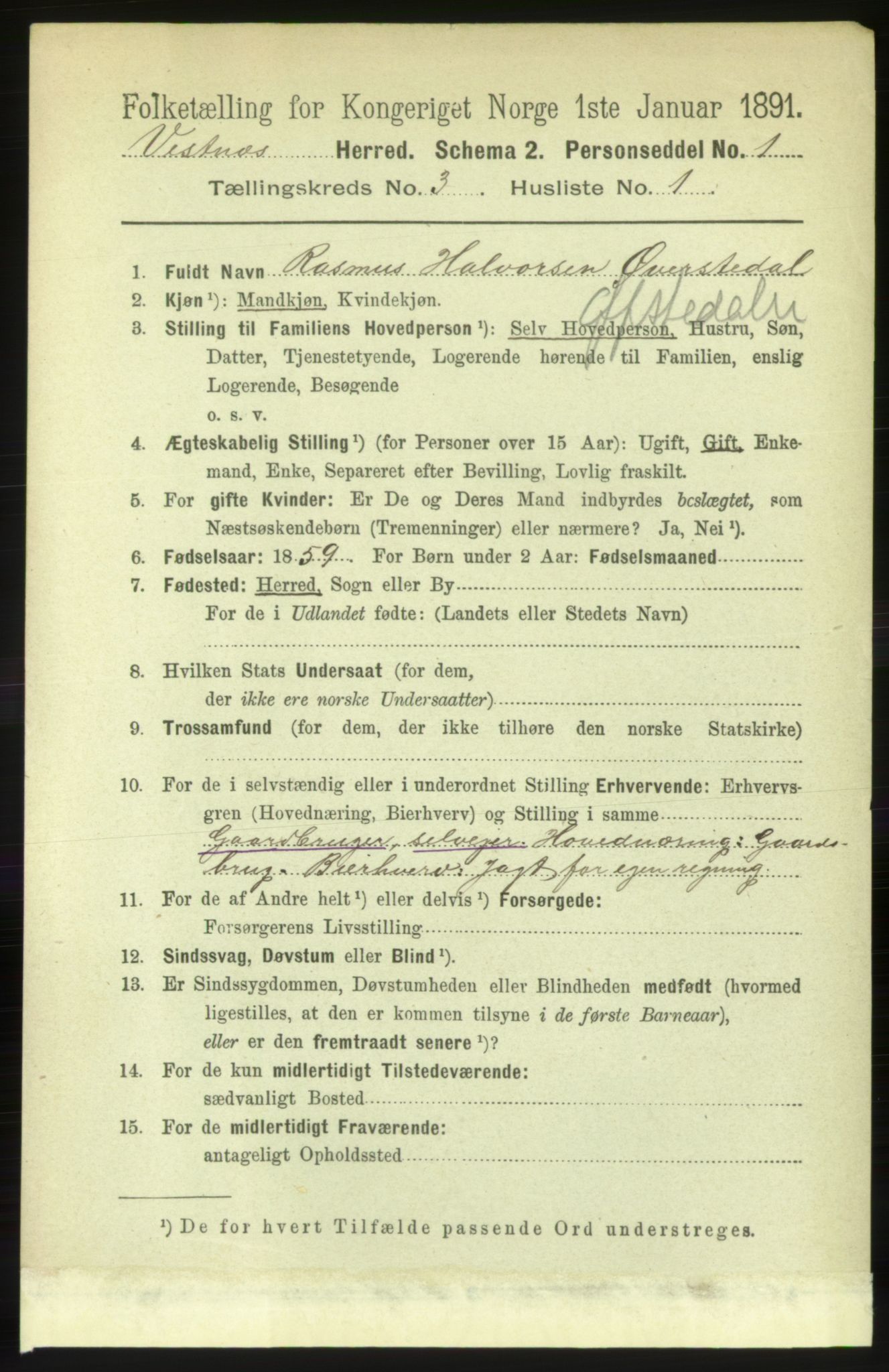 RA, 1891 census for 1535 Vestnes, 1891, p. 876