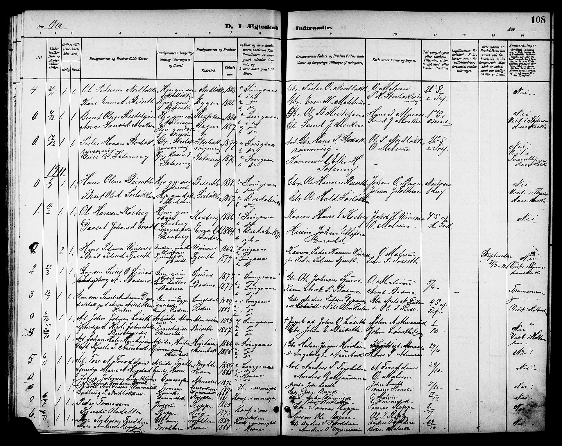 Ministerialprotokoller, klokkerbøker og fødselsregistre - Sør-Trøndelag, SAT/A-1456/688/L1029: Parish register (copy) no. 688C04, 1899-1915, p. 108