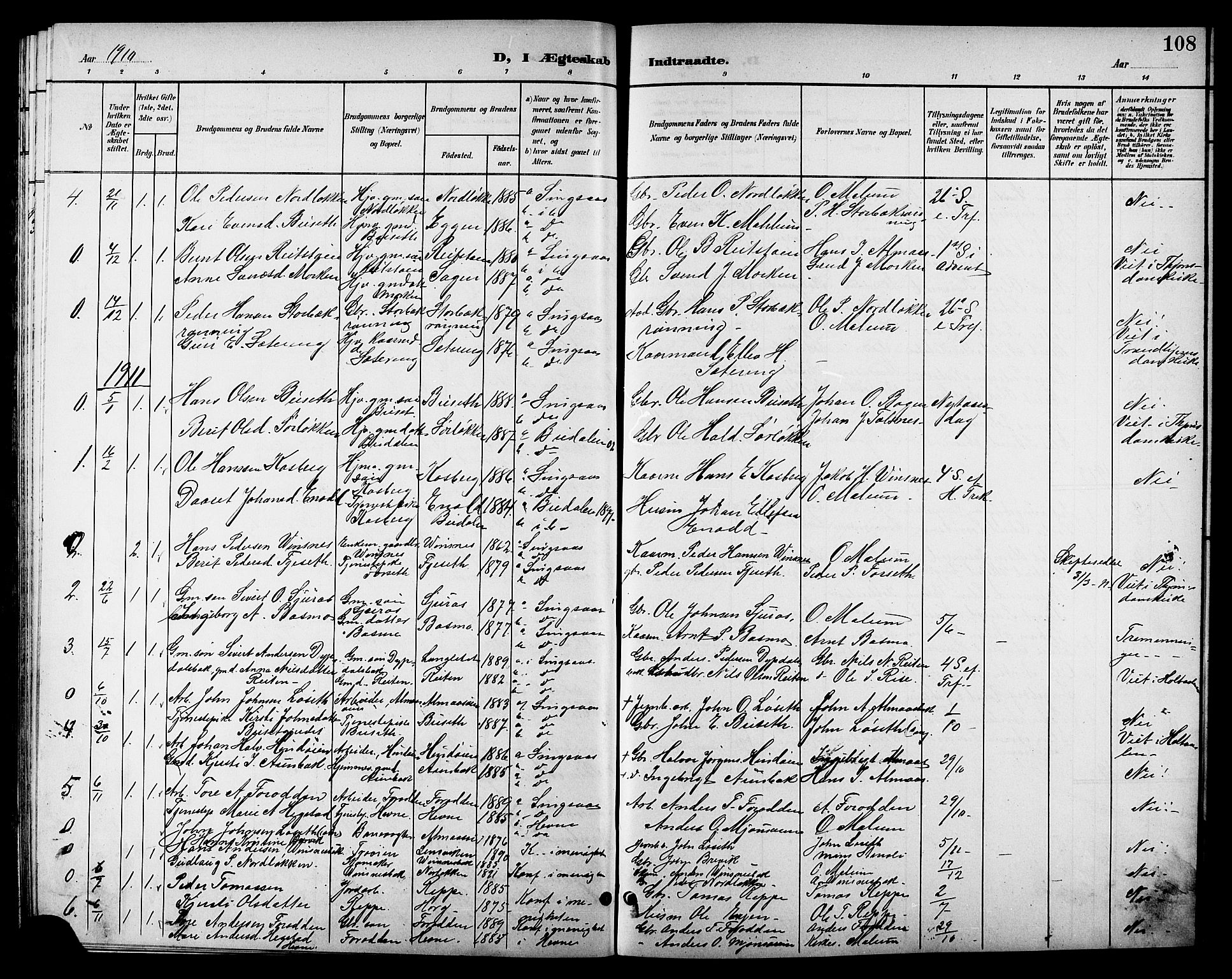 Ministerialprotokoller, klokkerbøker og fødselsregistre - Sør-Trøndelag, AV/SAT-A-1456/688/L1029: Parish register (copy) no. 688C04, 1899-1915, p. 108